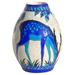 Antique Charles Catteau Boch Enamel Ceramic Art Deco Blue Deer Pottery Vase