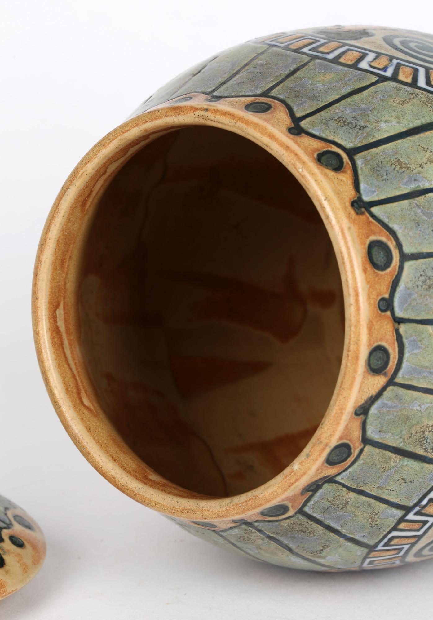 Early 20th Century Charles Catteau Boch Freres Keramis Art Deco Pottery Lidded Cockerel Jar