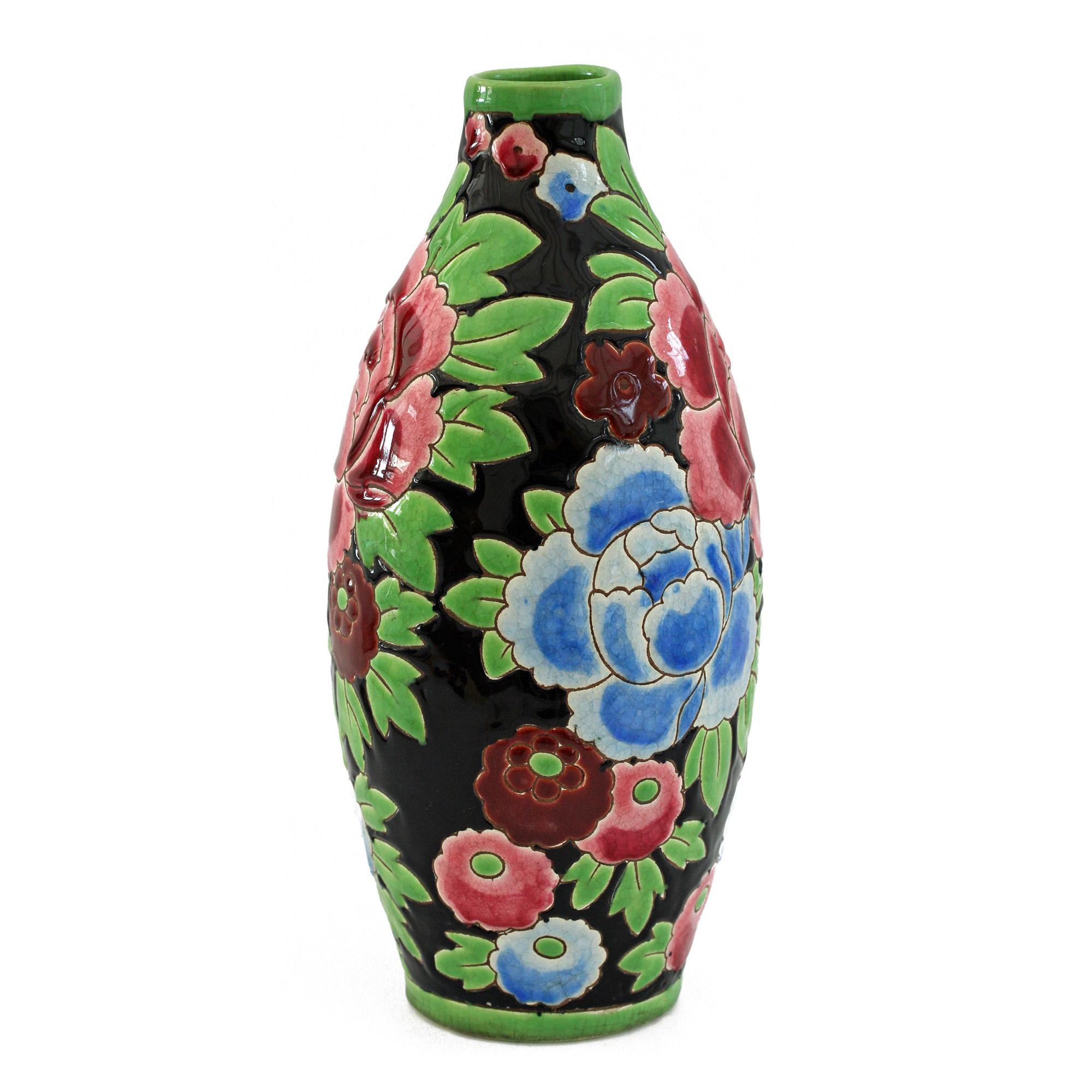 Charles Catteau Boch Freres Keramis Peonies Art Pottery Vase, 1932 3