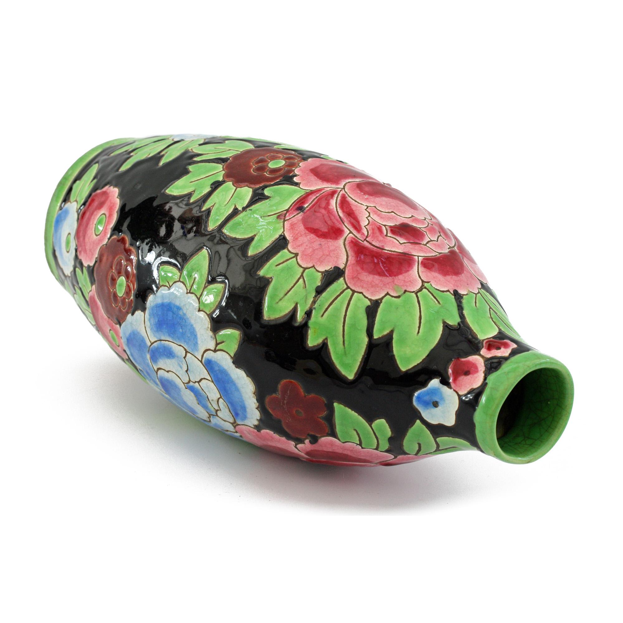 Art Deco Charles Catteau Boch Freres Keramis Peonies Art Pottery Vase, 1932