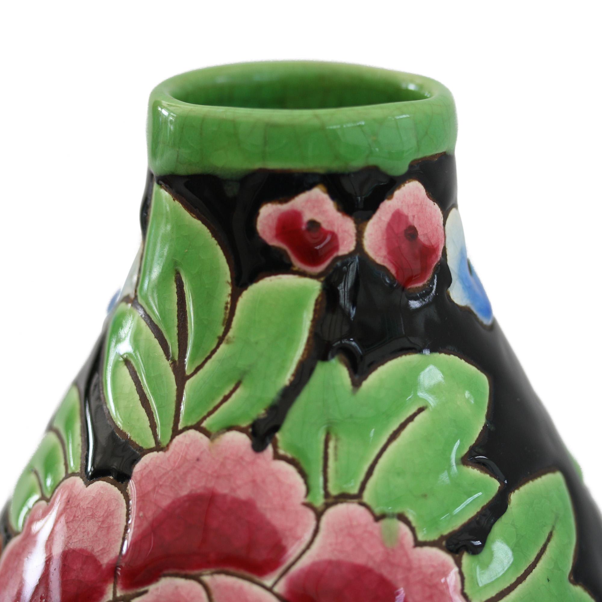 Charles Catteau Boch Freres Keramis Peonies Art Pottery Vase, 1932 In Good Condition In Bishop's Stortford, Hertfordshire