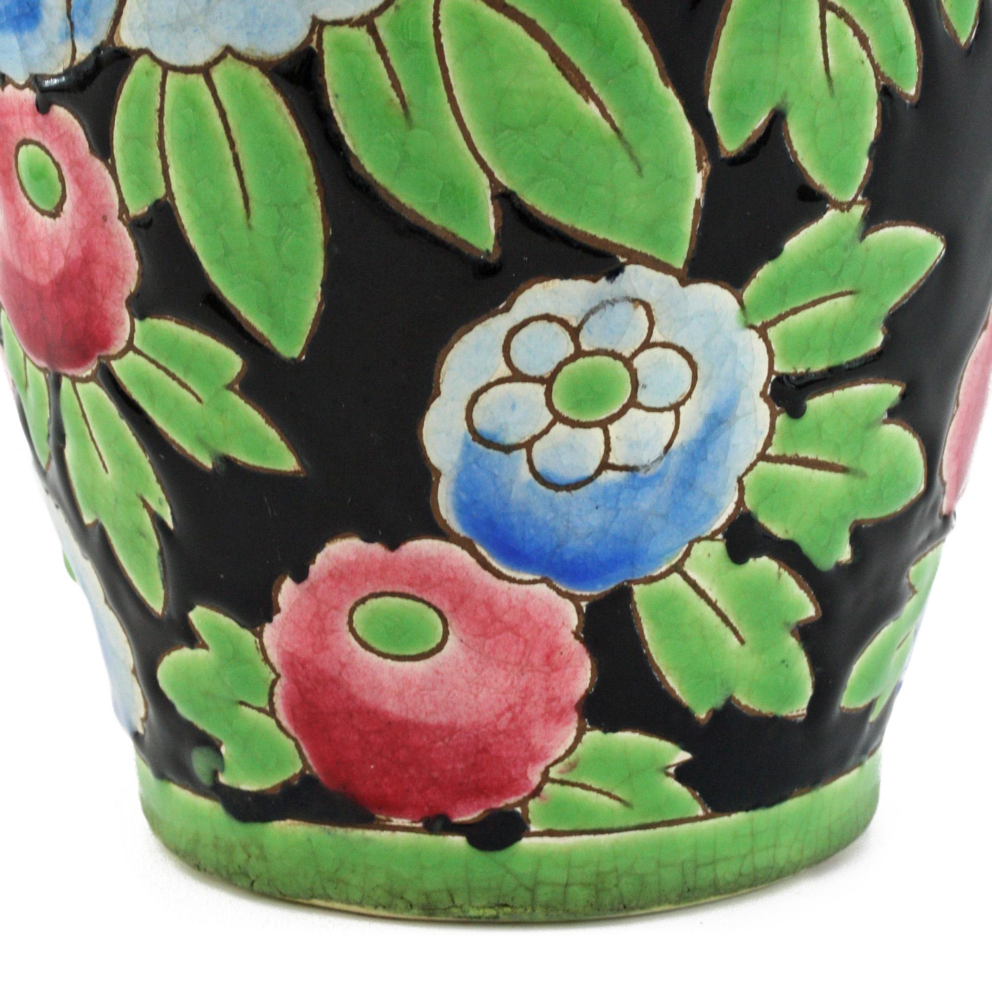 Mid-20th Century Charles Catteau Boch Freres Keramis Peonies Art Pottery Vase, 1932