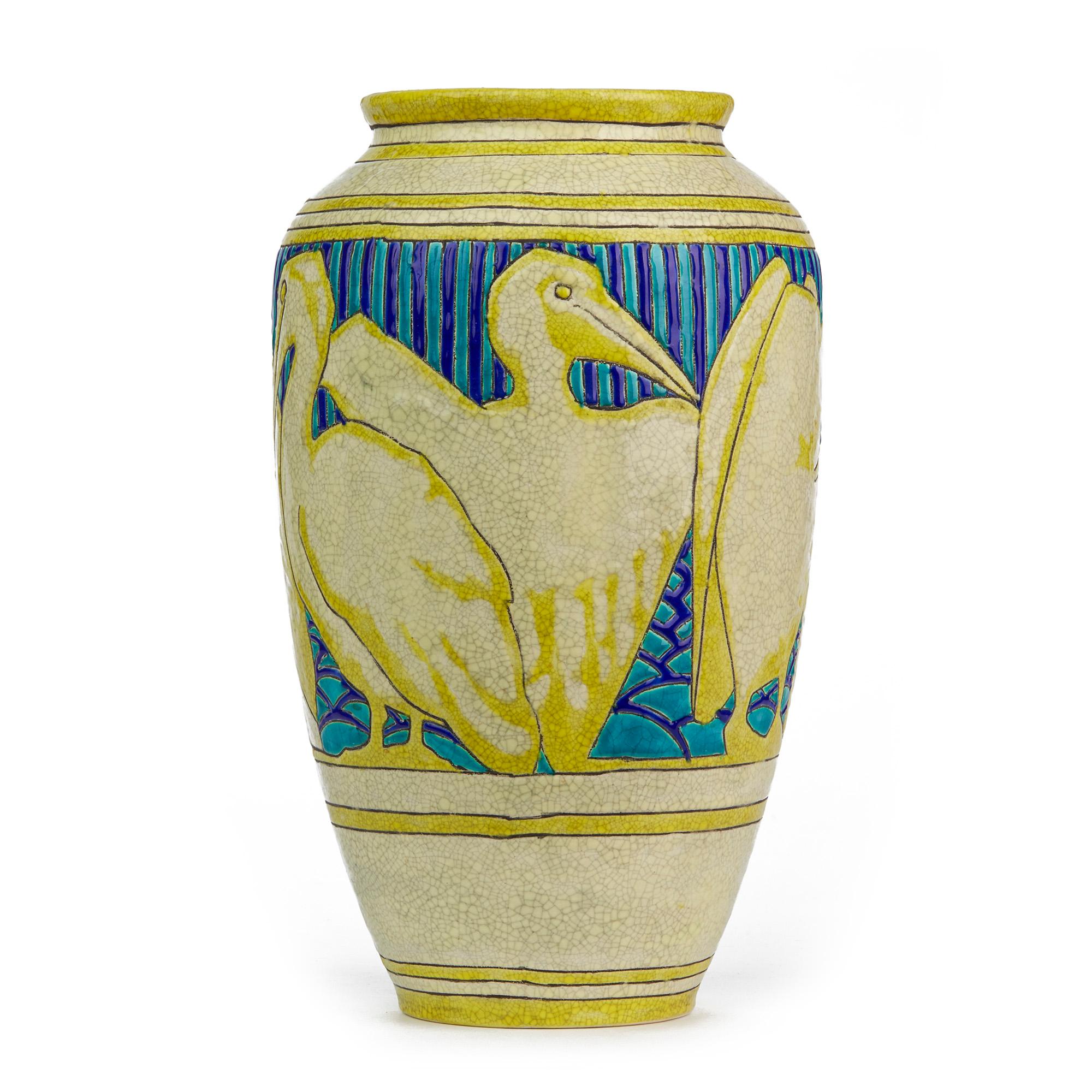 Ceramic Charles Catteau Boch Frères Keramis Rare Pelicans Design Vase, 1925