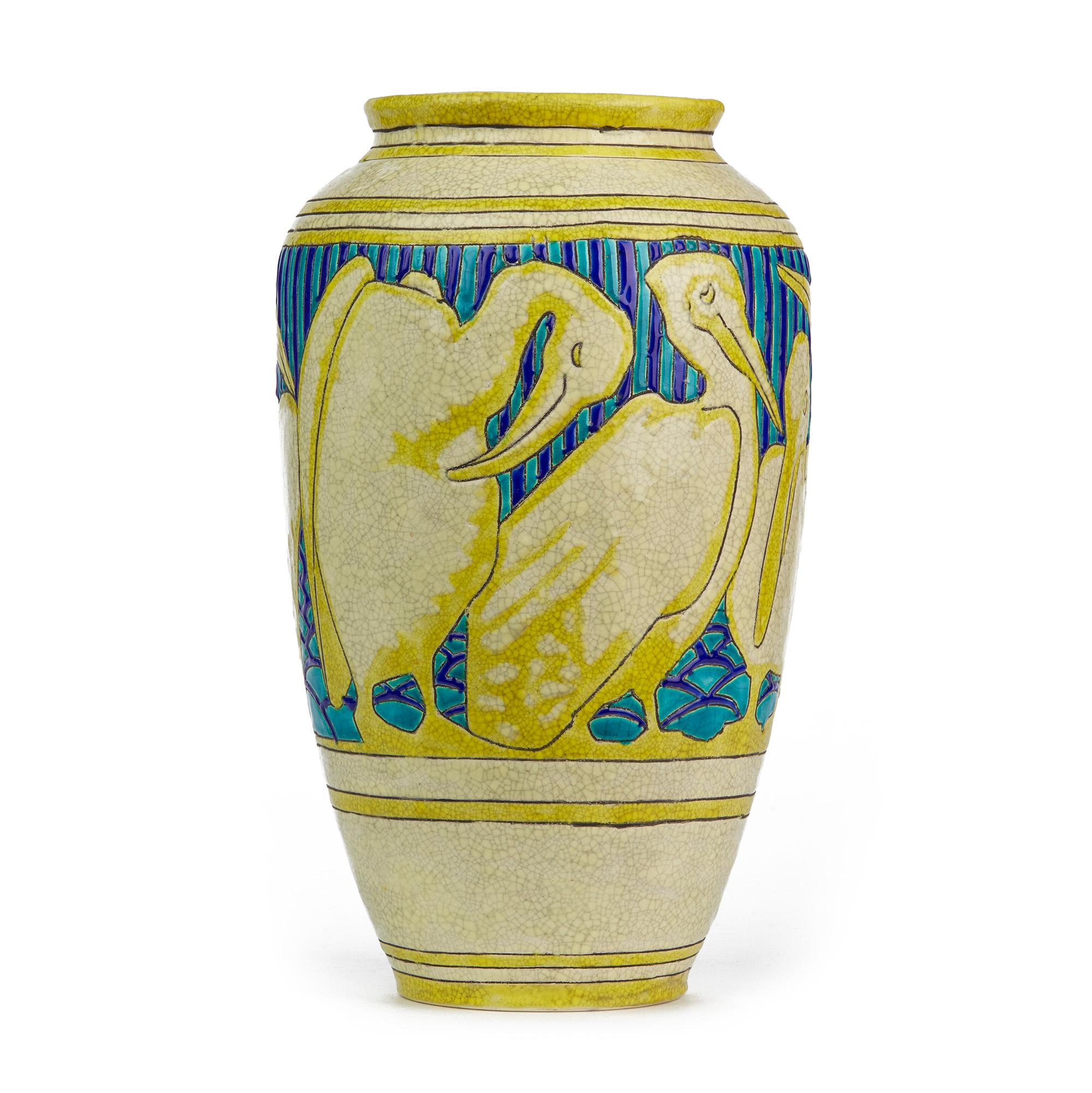 Charles Catteau Boch Frères Keramis Rare Pelicans Design Vase, 1925 1