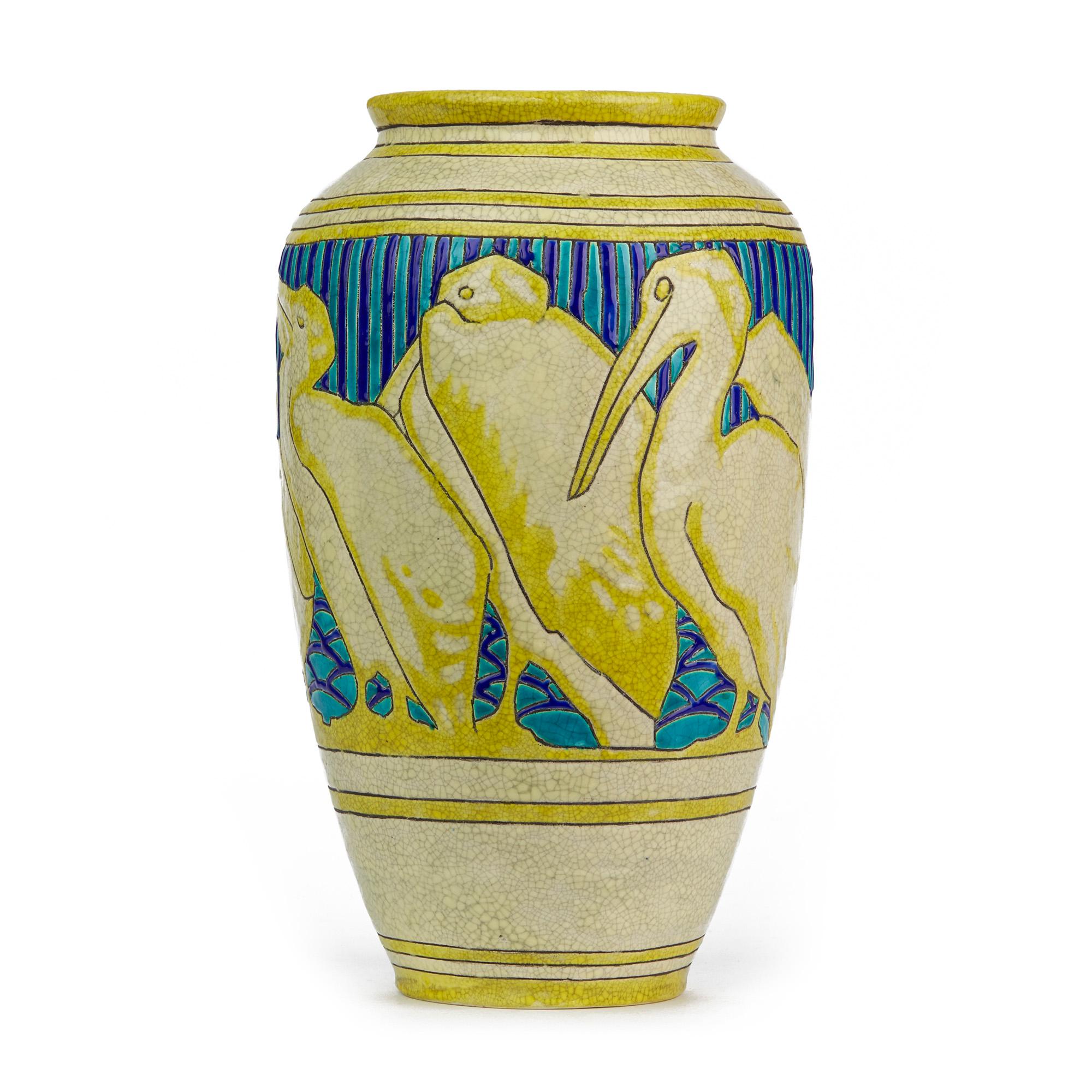 Early 20th Century Charles Catteau Boch Frères Keramis Rare Pelicans Design Vase, 1925