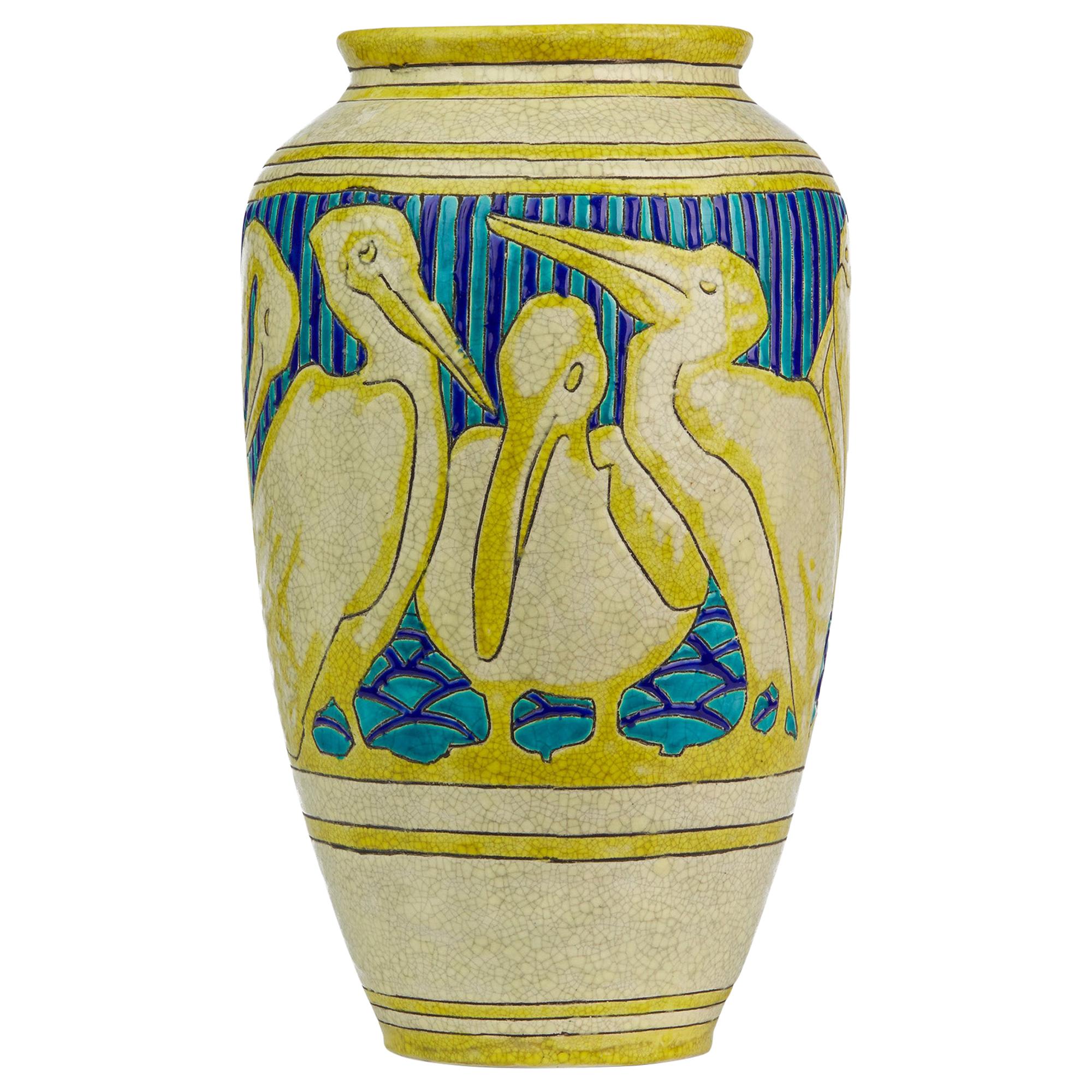 Charles Catteau Boch Frères Keramis Rare Pelicans Design Vase, 1925
