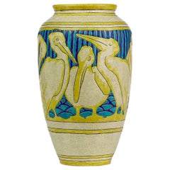 Charles Catteau Boch Frères Keramis Rare Pelicans Design Vase, 1925