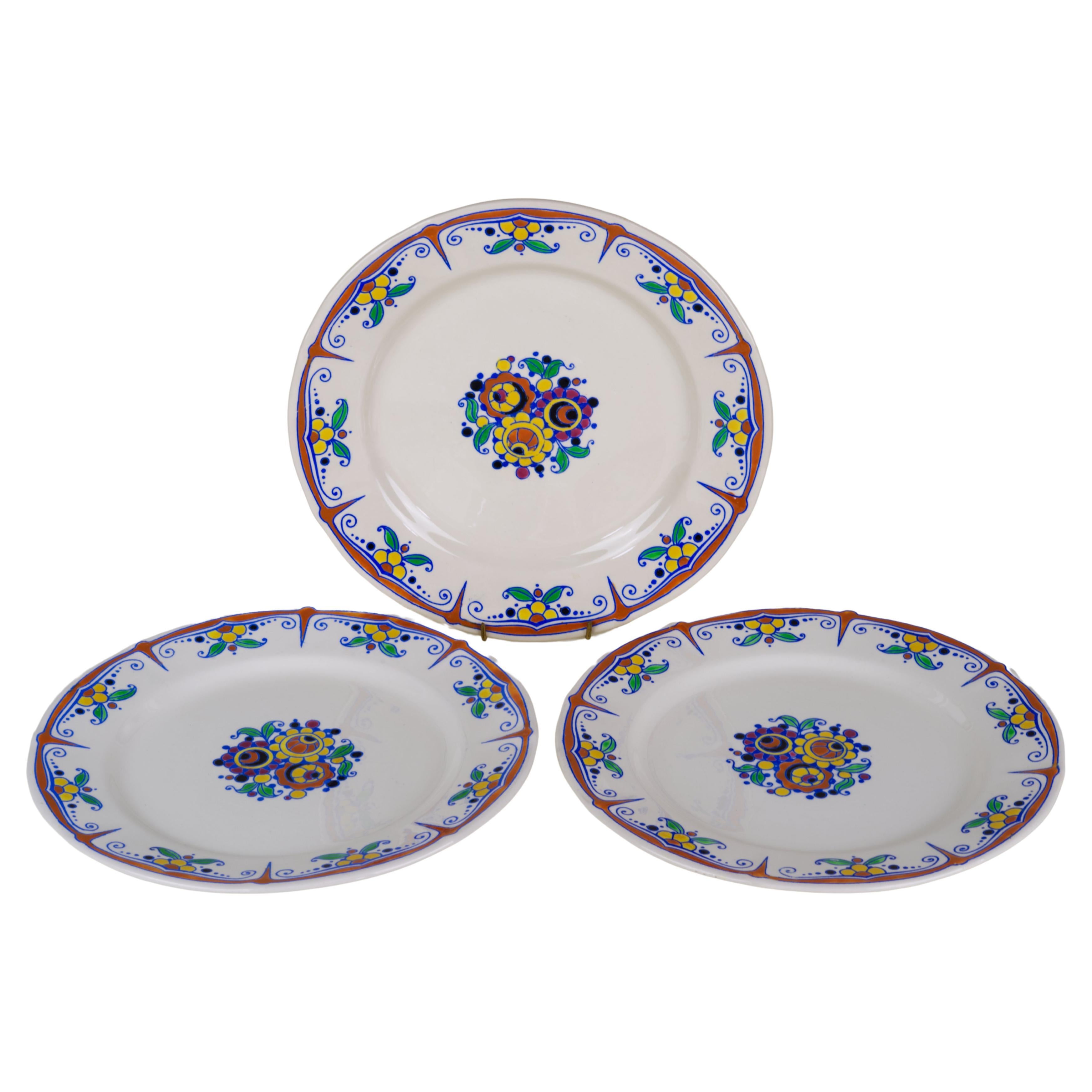 Charles Catteau for Boch Freres Keramis, Belgium, Set of 3 ArtDeco Dinner plates For Sale