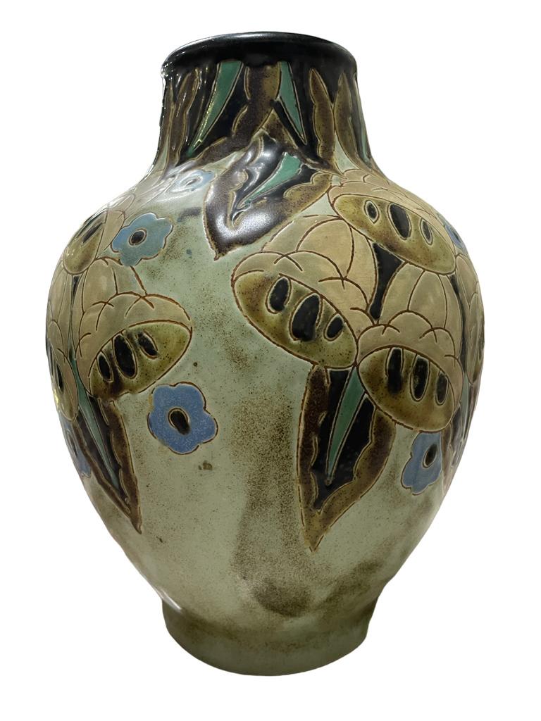 Stoneware Charles Catteau for BOCH FRERES Art Deco Grès Keramis vase with stylized bellflo For Sale