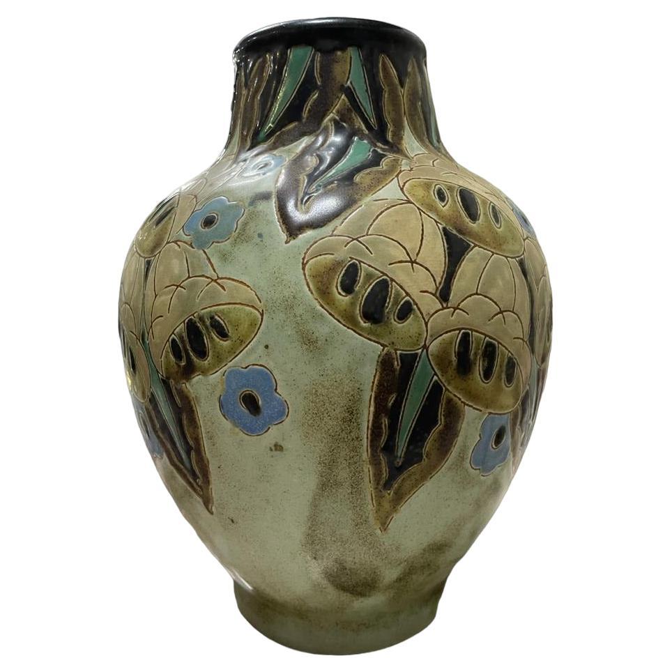 Charles Catteau for BOCH FRERES Art Deco Grès Keramis vase with stylized bellflo For Sale