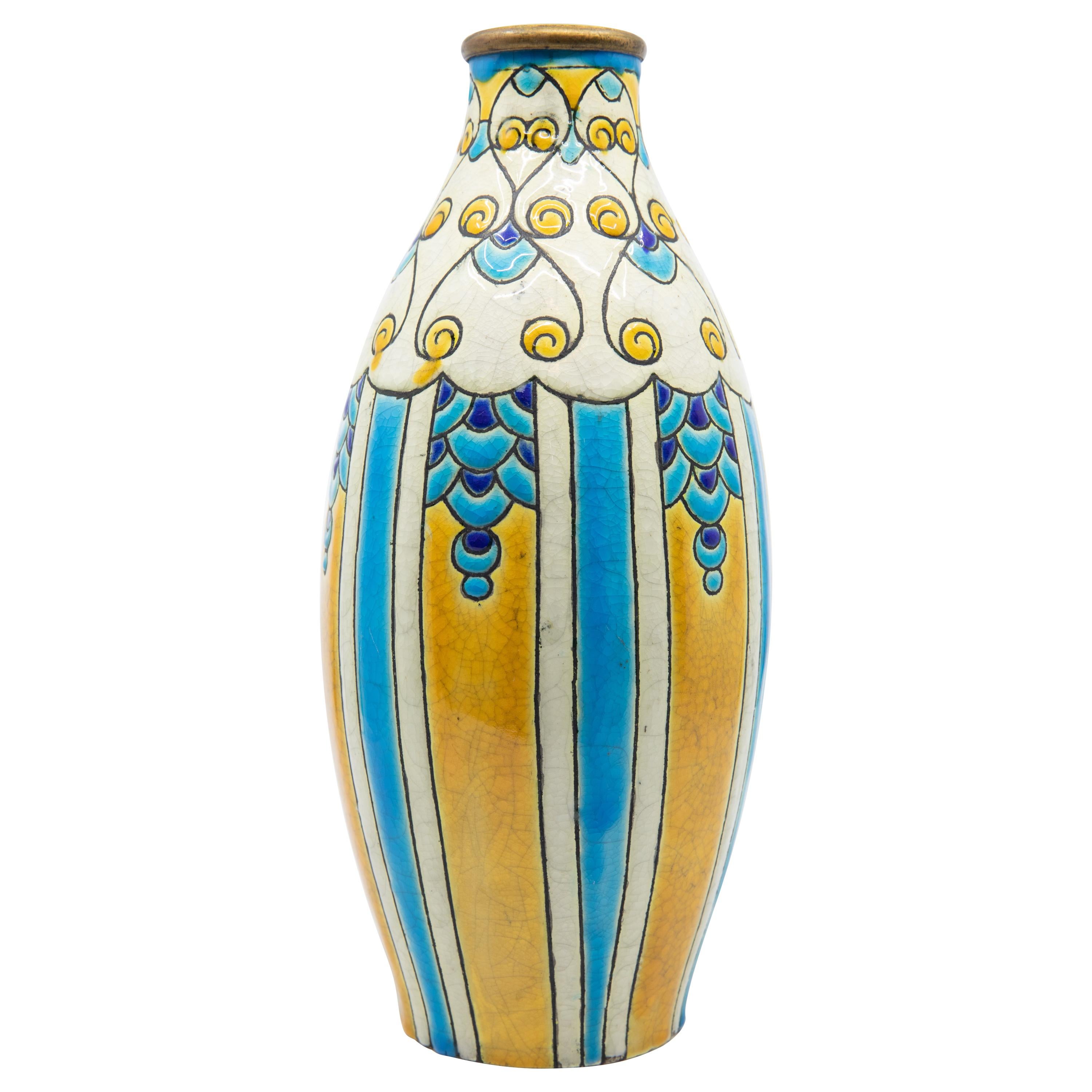 Charles Catteau for Boch Freres Enameled Art Deco Ceramic Vase, circa 1924