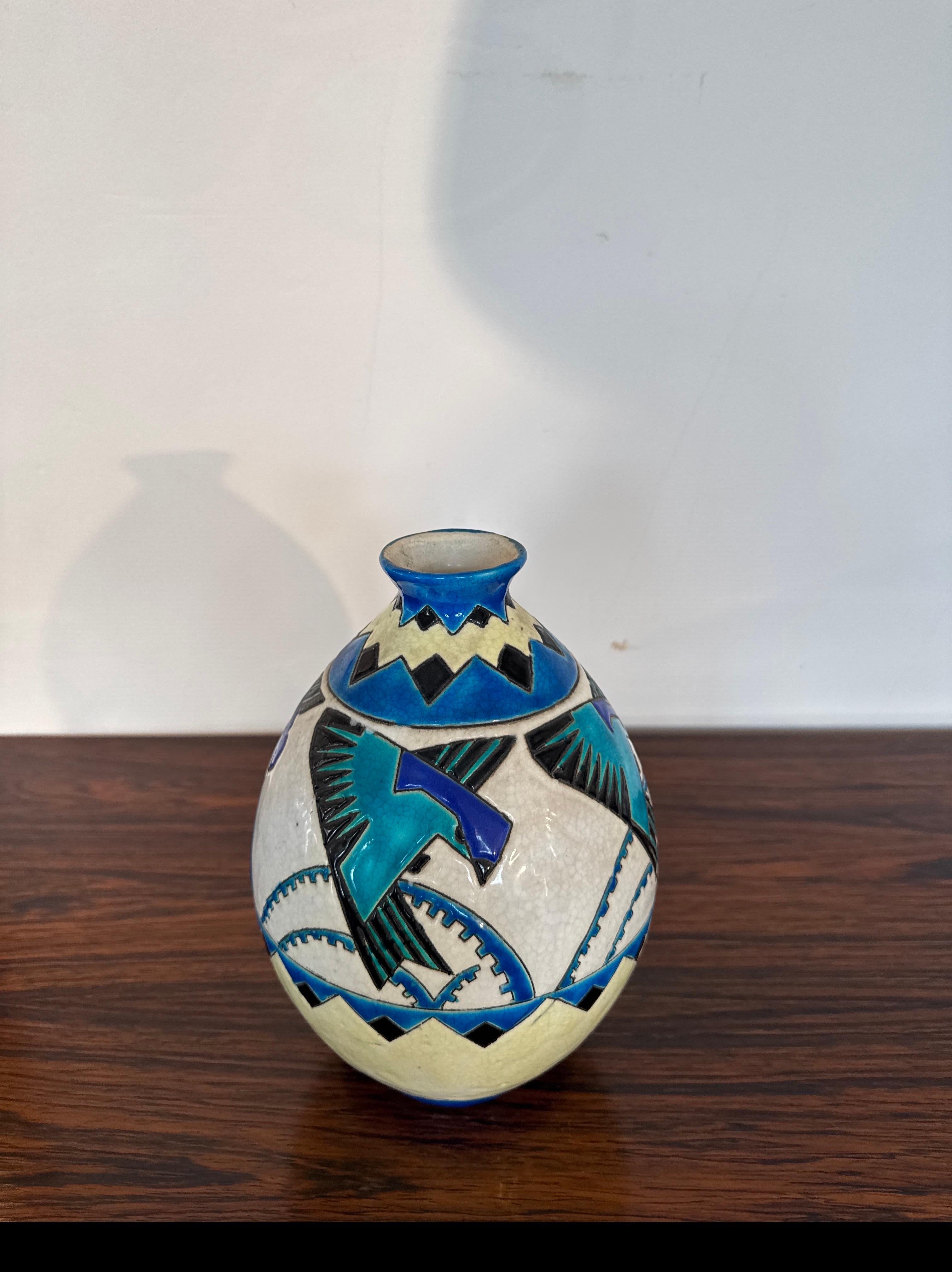 Charles Catteau per Boch Keramis Vaso Art Deco con rondini stilizzate, Belgio in vendita 2