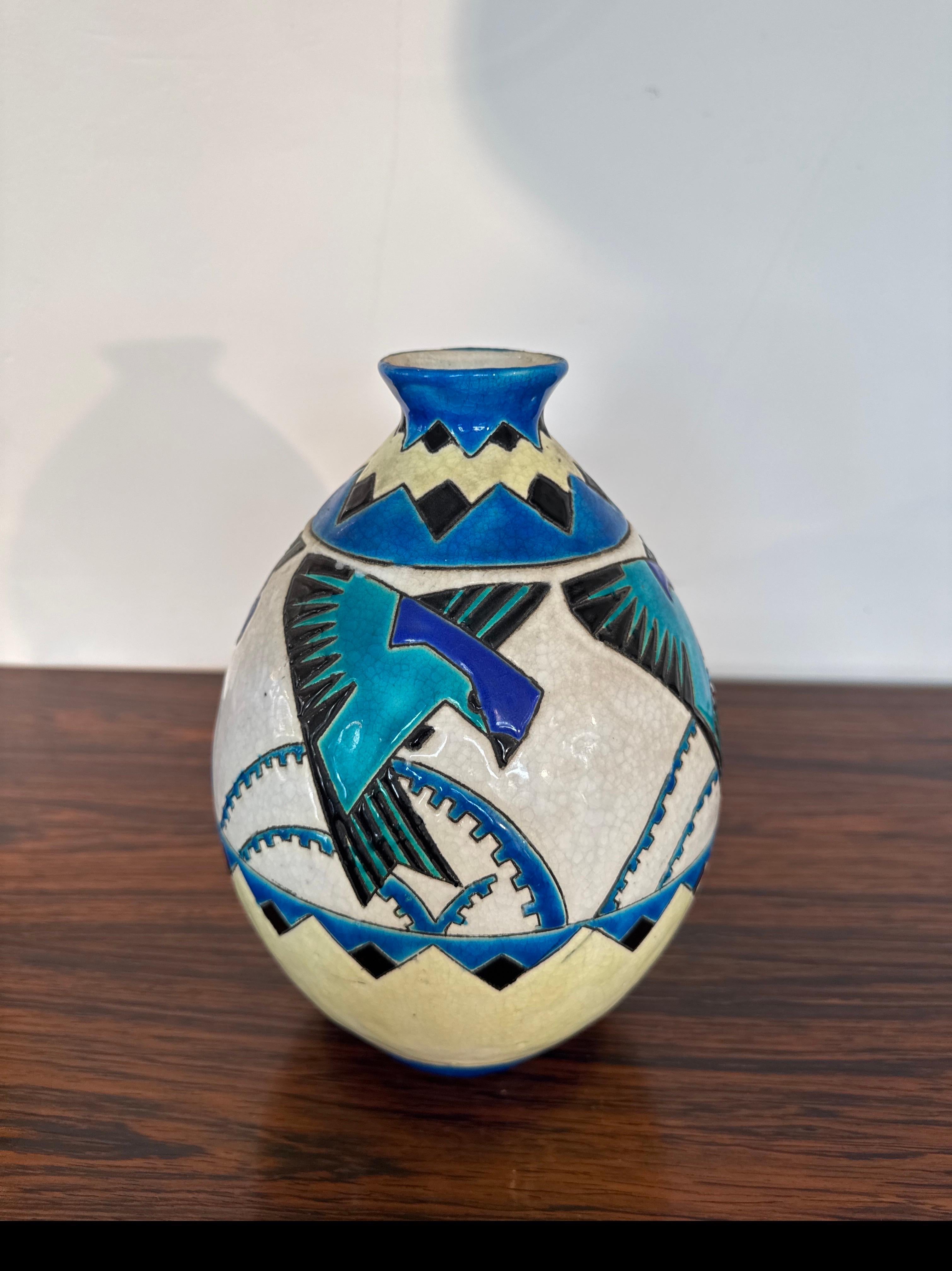 Charles Catteau per Boch Keramis Vaso Art Deco con rondini stilizzate, Belgio in vendita 3