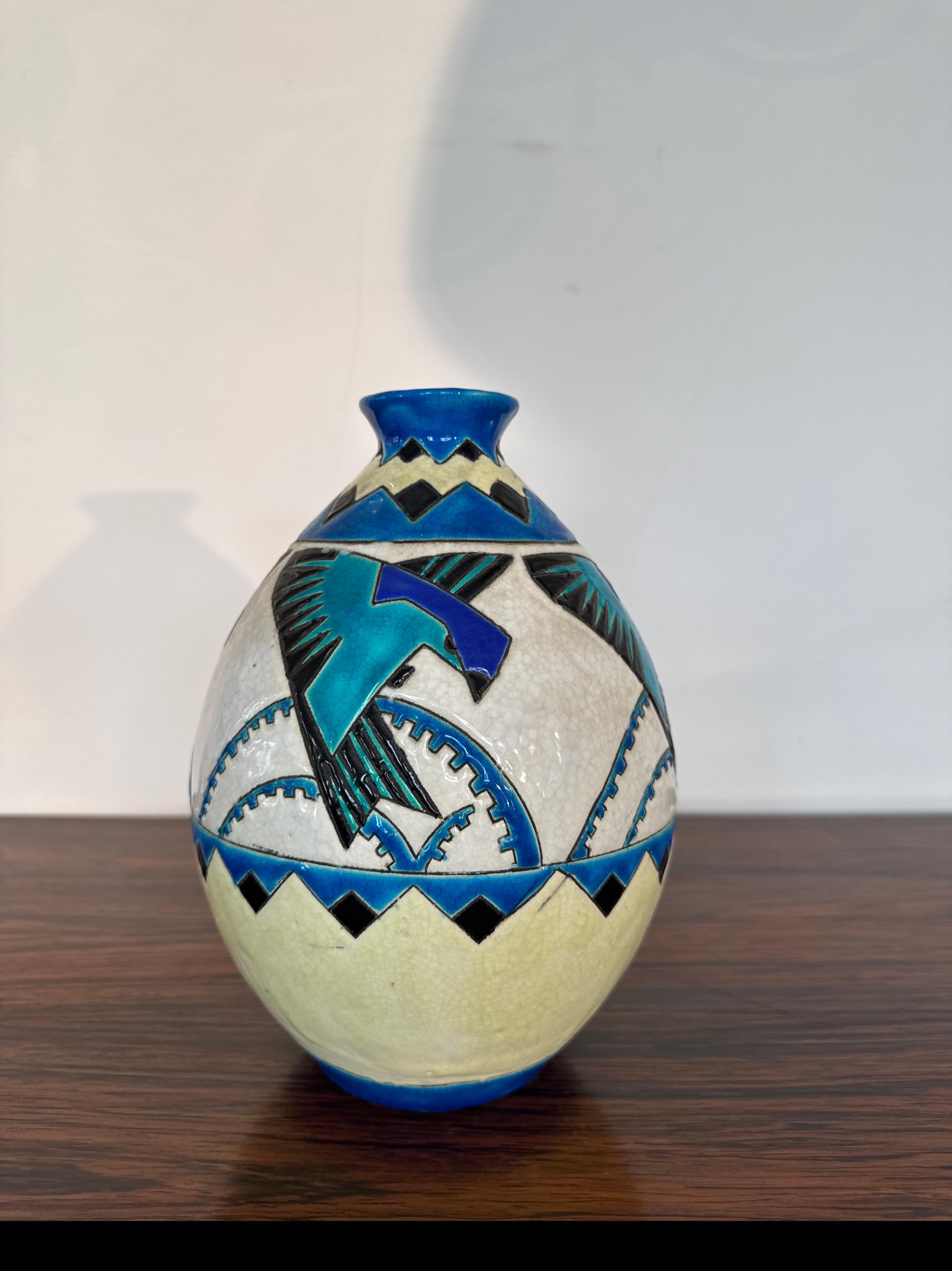 Charles Catteau per Boch Keramis Vaso Art Deco con rondini stilizzate, Belgio in vendita 1