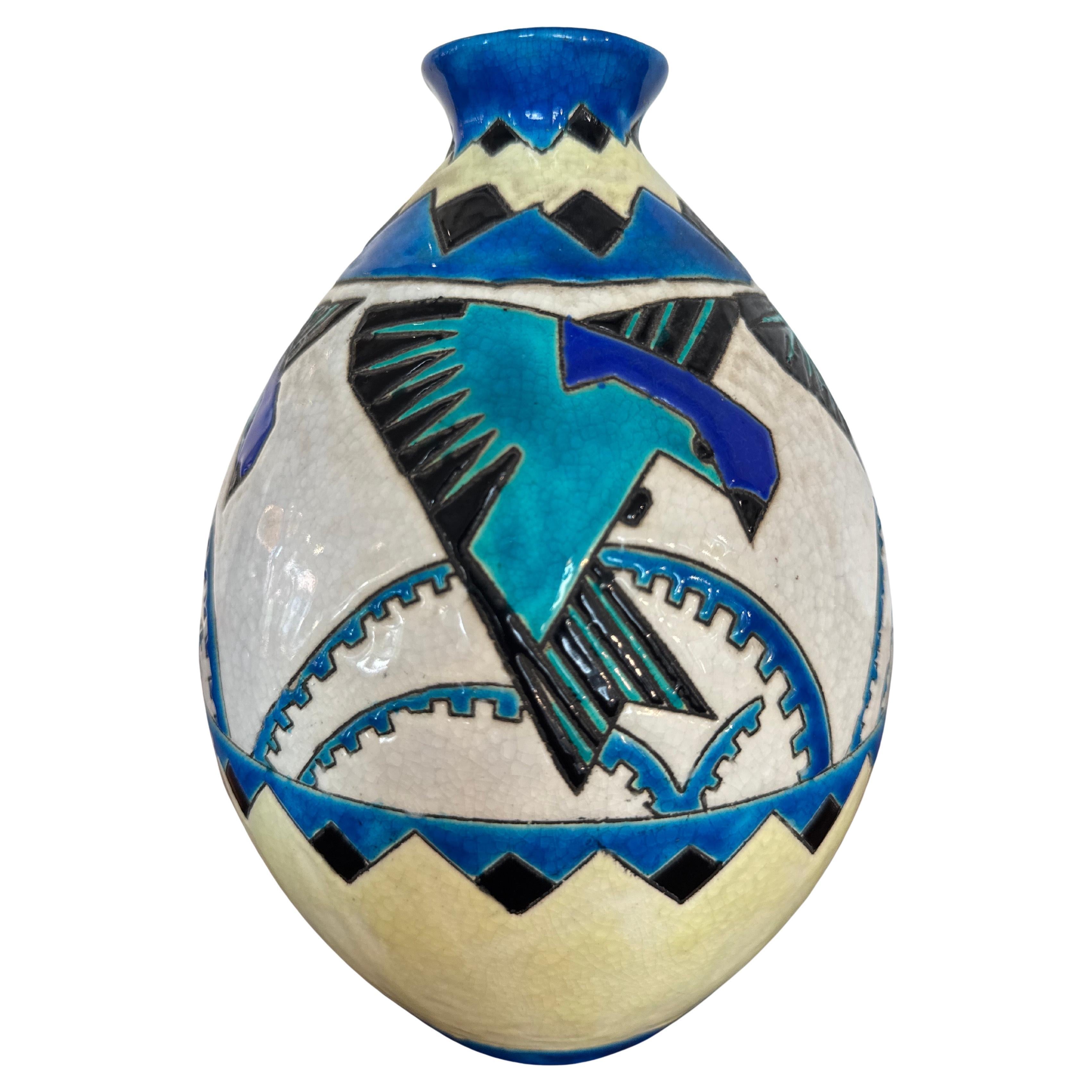 Charles Catteau per Boch Keramis Vaso Art Deco con rondini stilizzate, Belgio in vendita