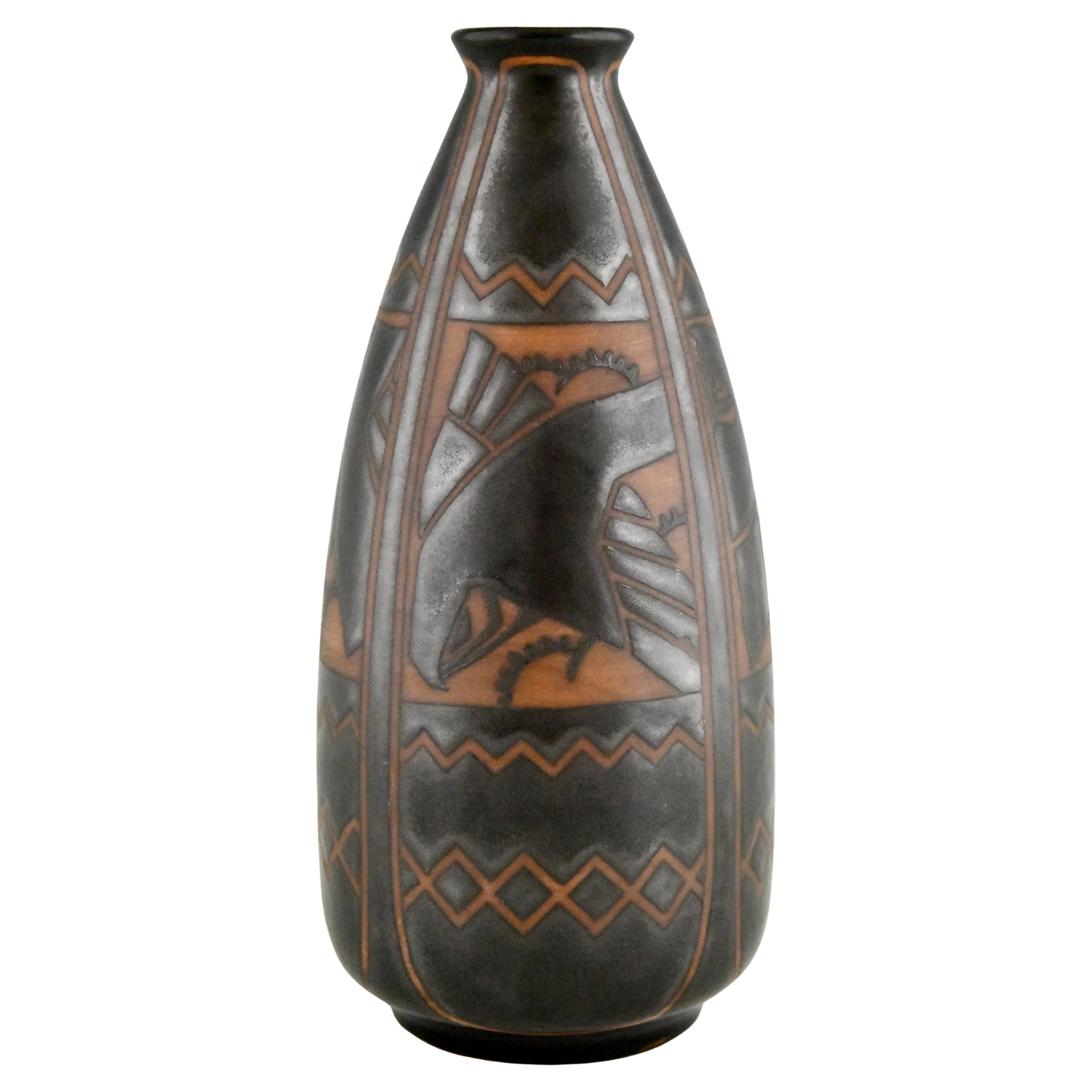 Charles Catteau Gres Keramis Vaso Art Deco con Uccelli 1925, Vaso in ceramica in vendita