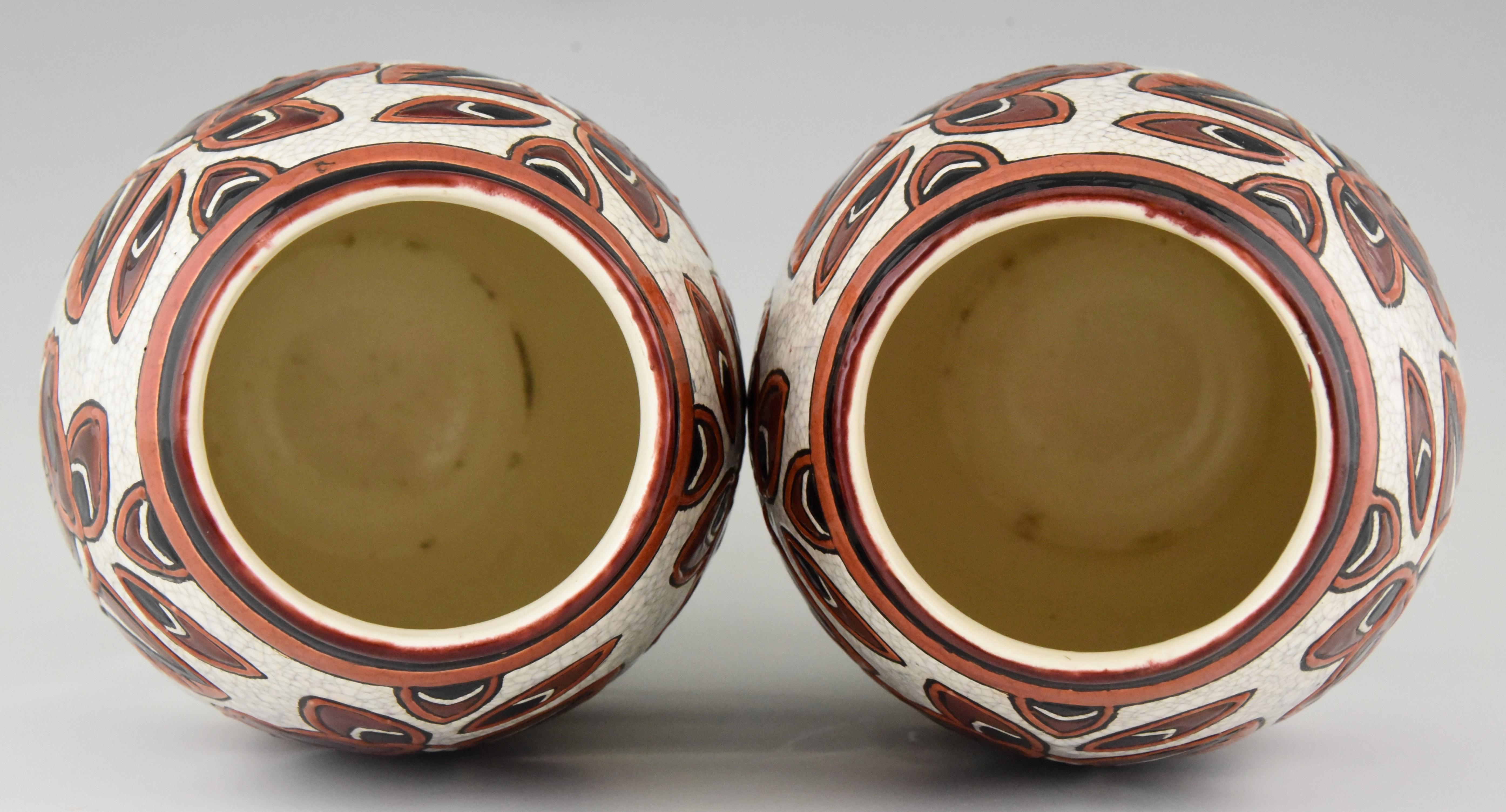 Early 20th Century Charles Catteau Pair of Art Deco Ceramic Vases with Flowers Boch Frères, 1926