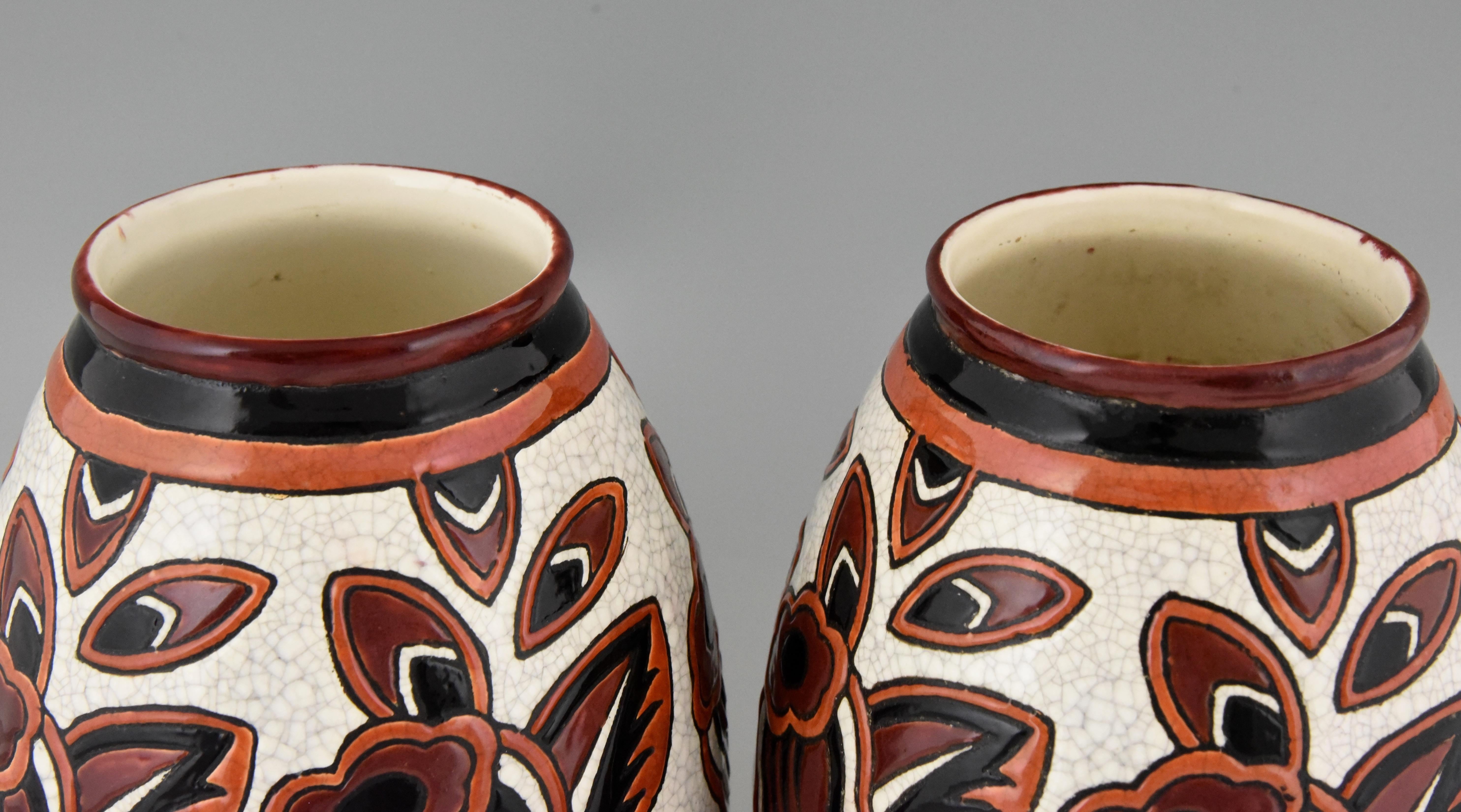 Charles Catteau Pair of Art Deco Ceramic Vases with Flowers Boch Frères, 1926 1
