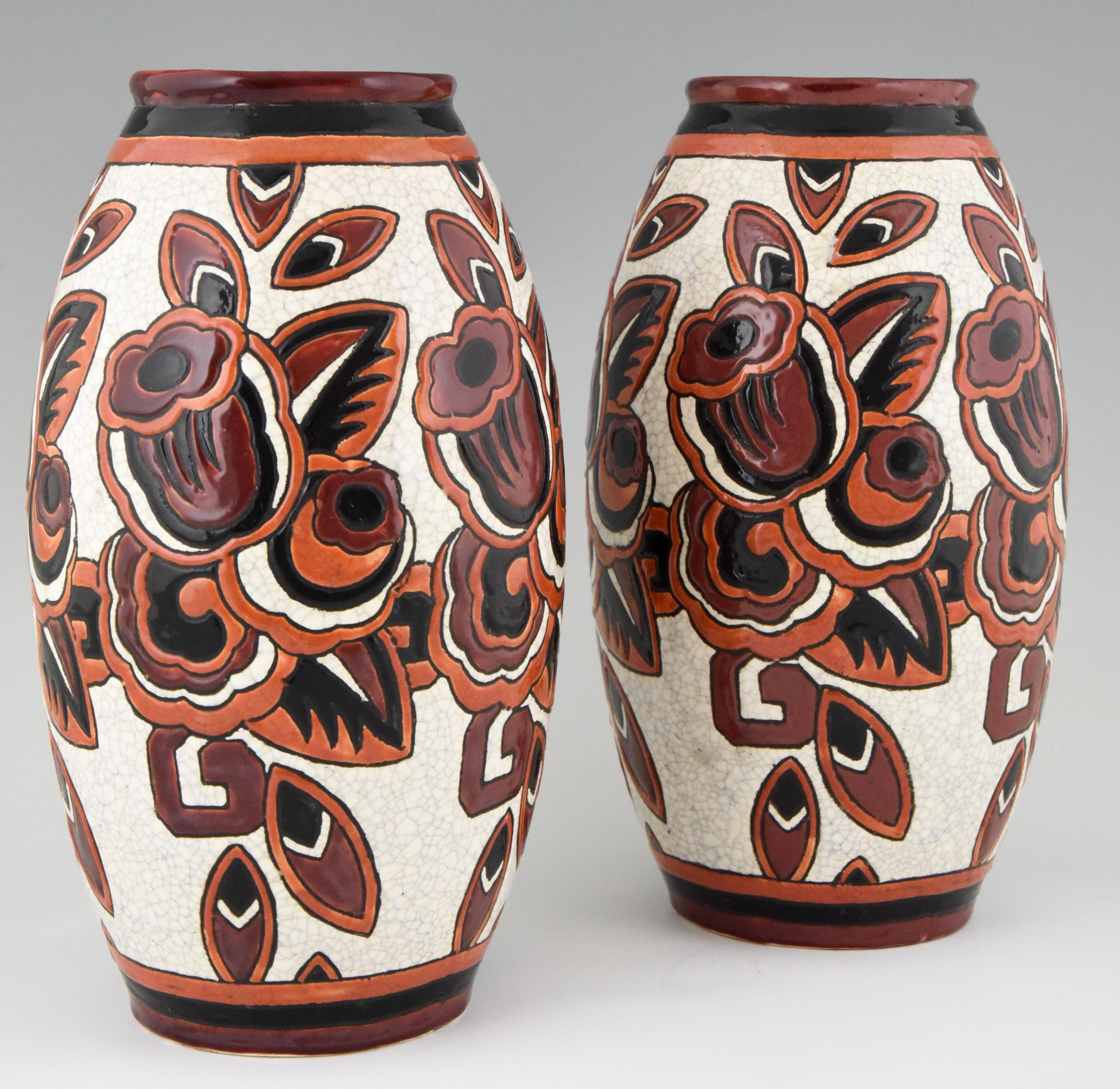 Charles Catteau Pair of Art Deco Ceramic Vases with Flowers Boch Frères, 1926 4