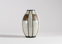 Charles Catteau, White & Brown Art Deco Vase w/ Floral Motif, Belgium, c. 1923
