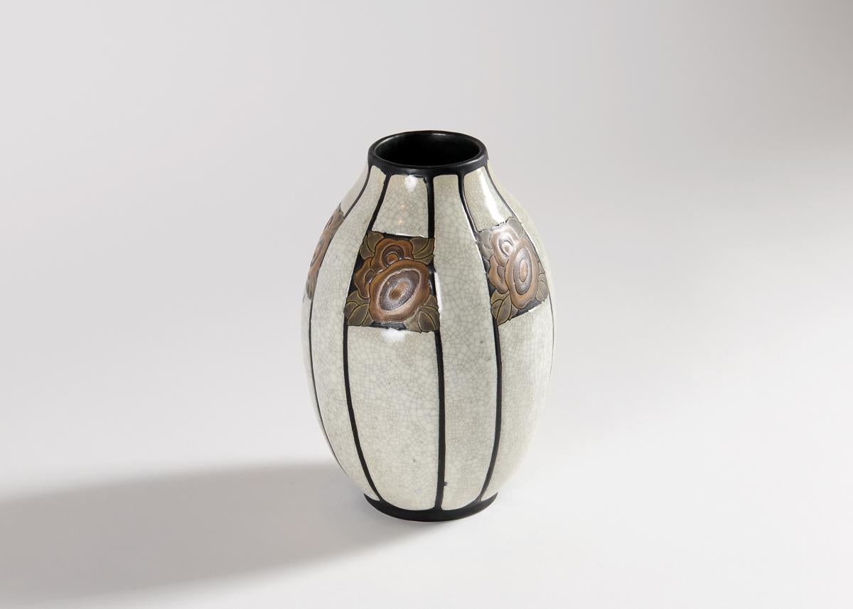 Belgian Charles Catteau, White & Brown Art Deco Vase w/ Floral Motif, Belgium, c. 1923 For Sale