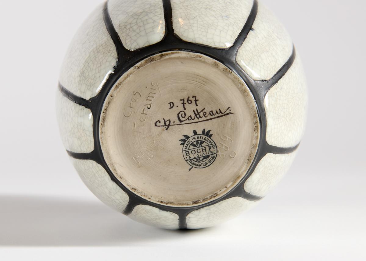 Glazed Charles Catteau, White & Brown Art Deco Vase w/ Floral Motif, Belgium, c. 1923 For Sale
