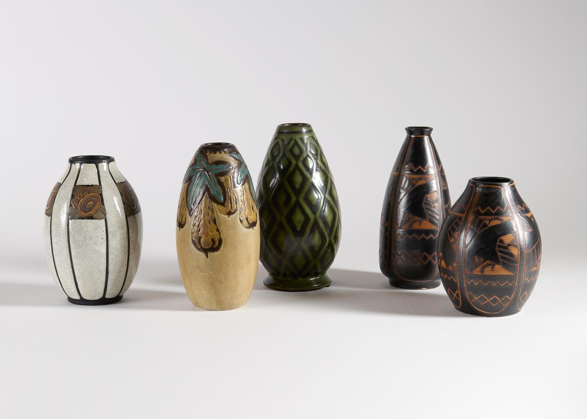 Charles Catteau, White & Brown Art Deco Vase w/ Floral Motif, Belgium, c. 1923 In Good Condition For Sale In New York, NY