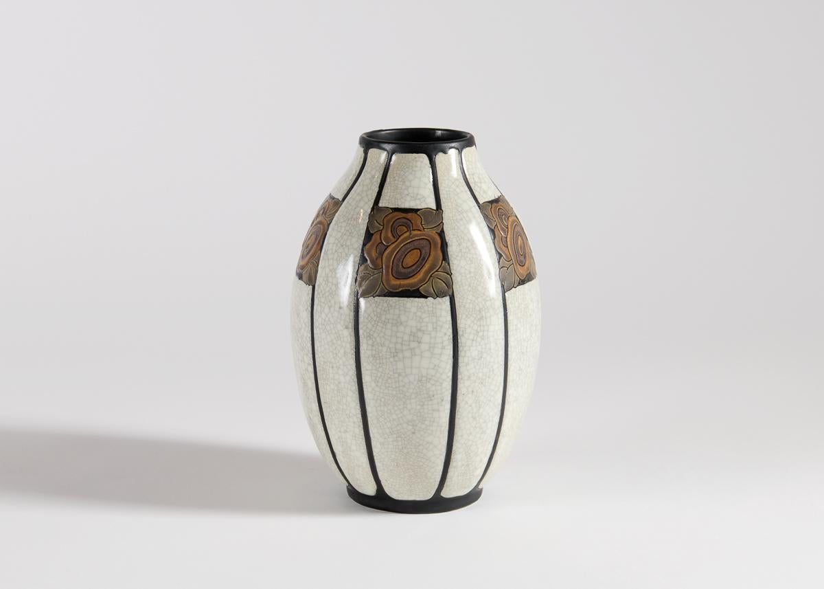 Early 20th Century Charles Catteau, White & Brown Art Deco Vase w/ Floral Motif, Belgium, c. 1923 For Sale