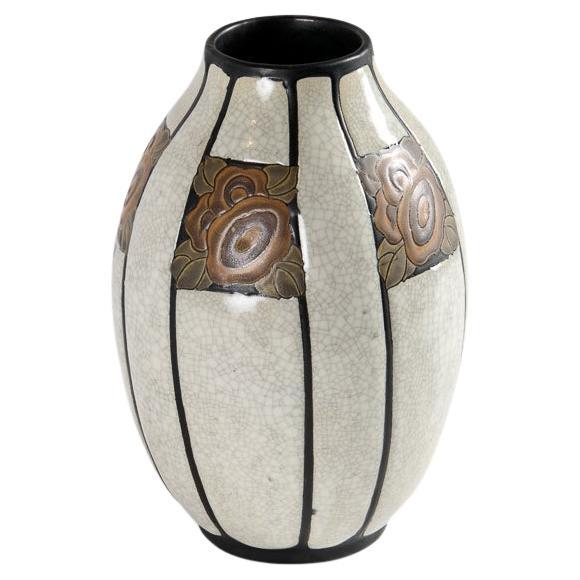 Charles Catteau, White 
Brown Art Deco Vase w/ Floral Motif, Belgium, c. 1923 For Sale