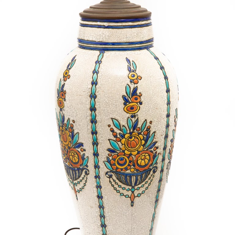 Catteau Boch Freres signed Keramis art deco enameled ceramic tall table lamp. Lamp measures 17.5
