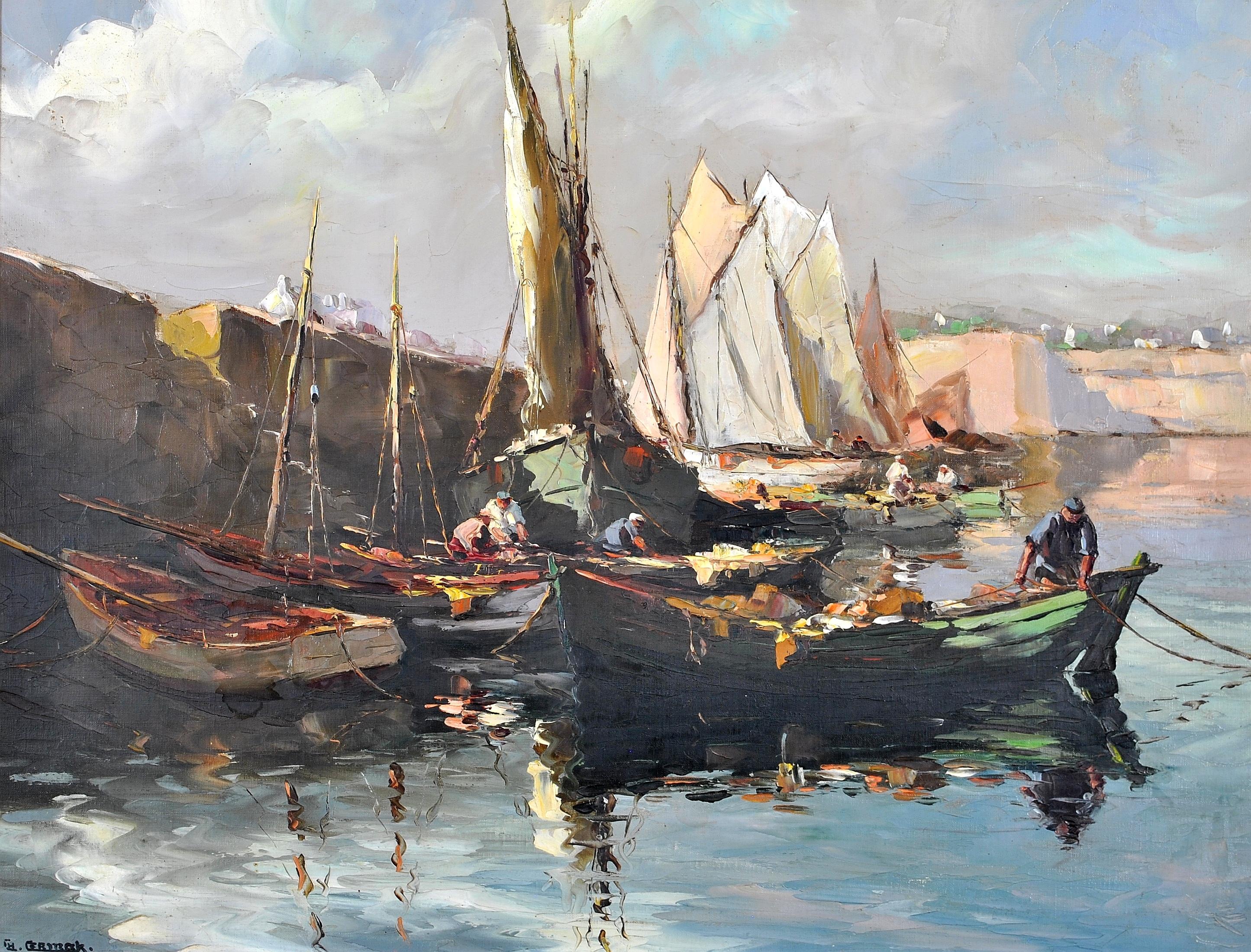 This beautiful large impressionist oil on canvas by French artist Charles Cermak was painted in the 1930's. The work depicts colourful sailing boats in a harbor on the Côte d'Azur, most likely close to Saint-Tropez, where the artist lived and
