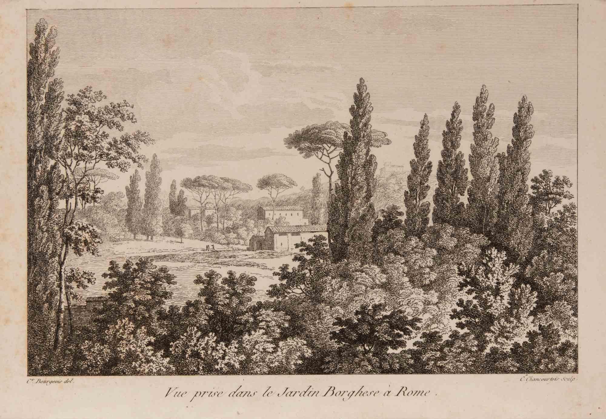 Charles Chancourtois Figurative Print - Vue Prise dans le Jardin... - Etching by C. Chancourtois - Early 19th Century