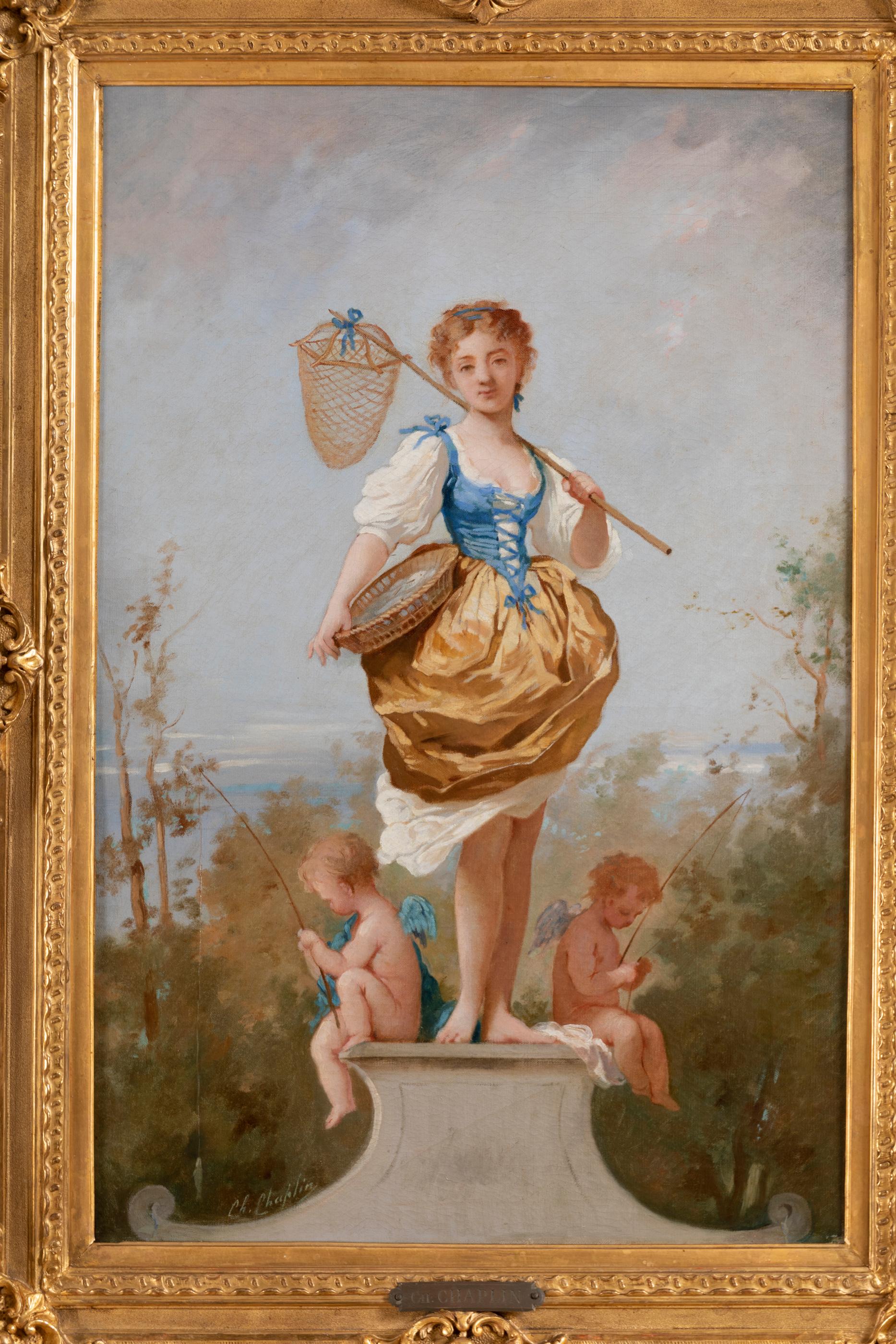 Charles Chaplin (1825-1891) young girl with a net, standing on a base where two fisherman's puttis are held.
Oil on canvas, decorated with a beautiful 19th century frame in Louis XV style.
Signed lower left 