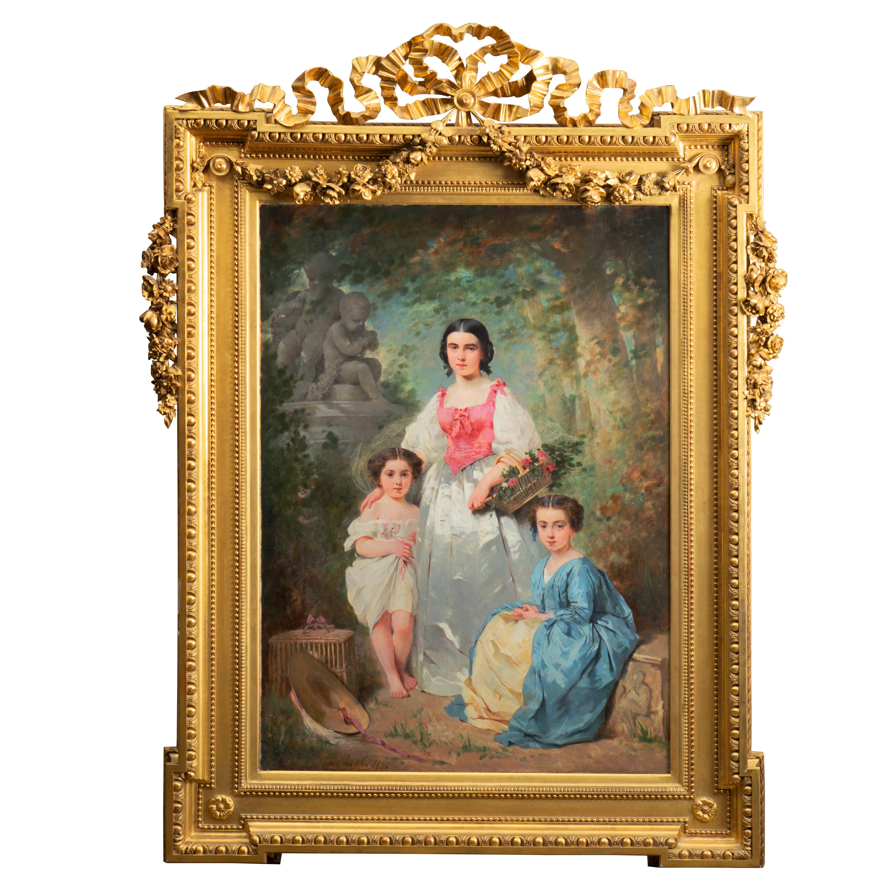 Charles Chaplin (French, 1825-1891)
Portrait de la famille Gros, placed in an ornate hand carved gilt wood frame. 
signed and dated 'Ch. Chaplin. 1860' (lower left)
oil on canvas
Dimensions of Canvas 51