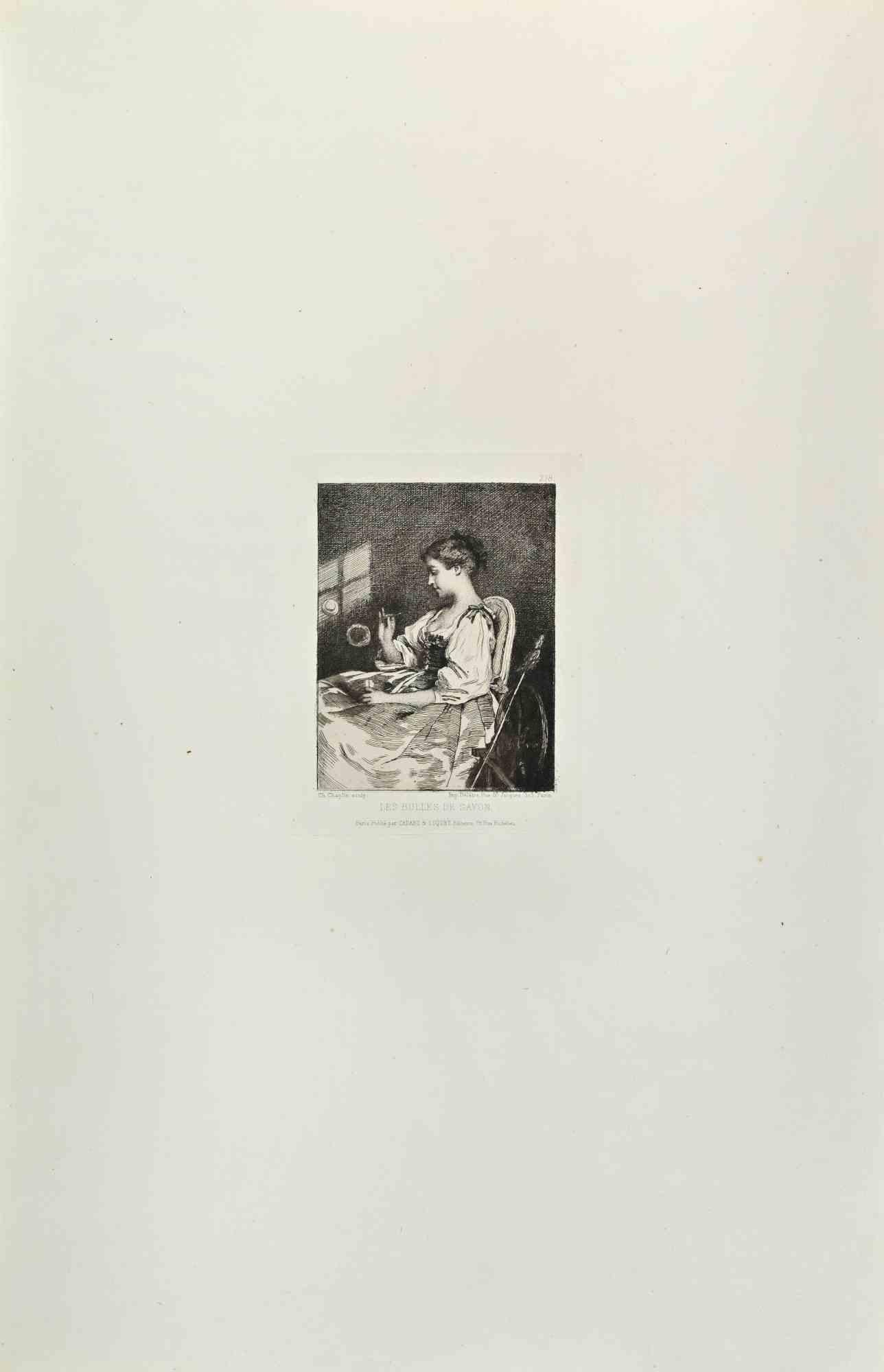 Les Bulles de Savon is an artwork realized by Charles Chaplin in the 1870s.

Etching.

Good conditions.



Realized for the "Société des Aquafortistes. Born on the initiative of the publisher Alfred Cadart, the Société des Aquafortistes had the aim