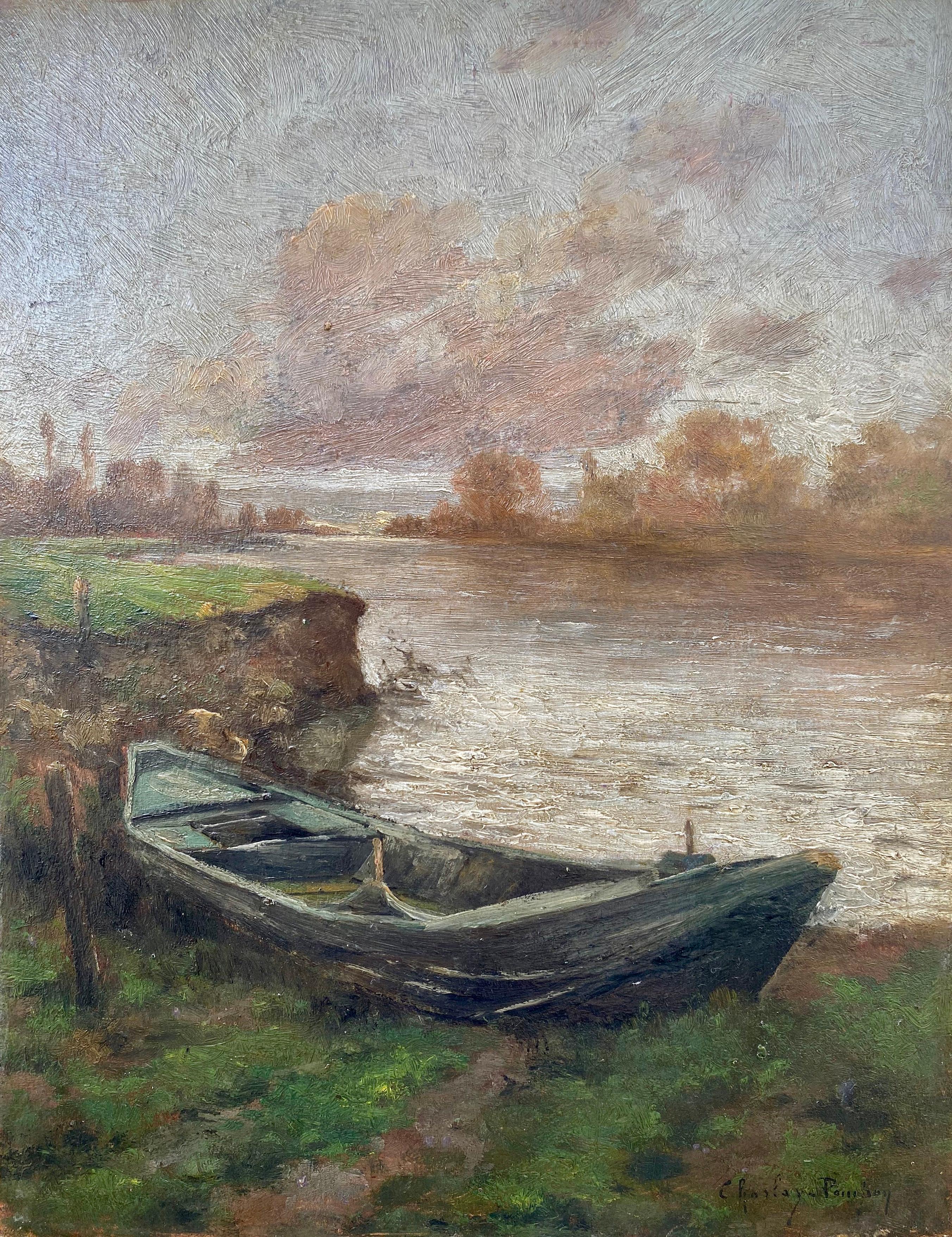 Nach dem Sturm, der blaue Kanus: Impressionistische Pleinair-F Flussssszene – Painting von Charles Charlay-Pompon