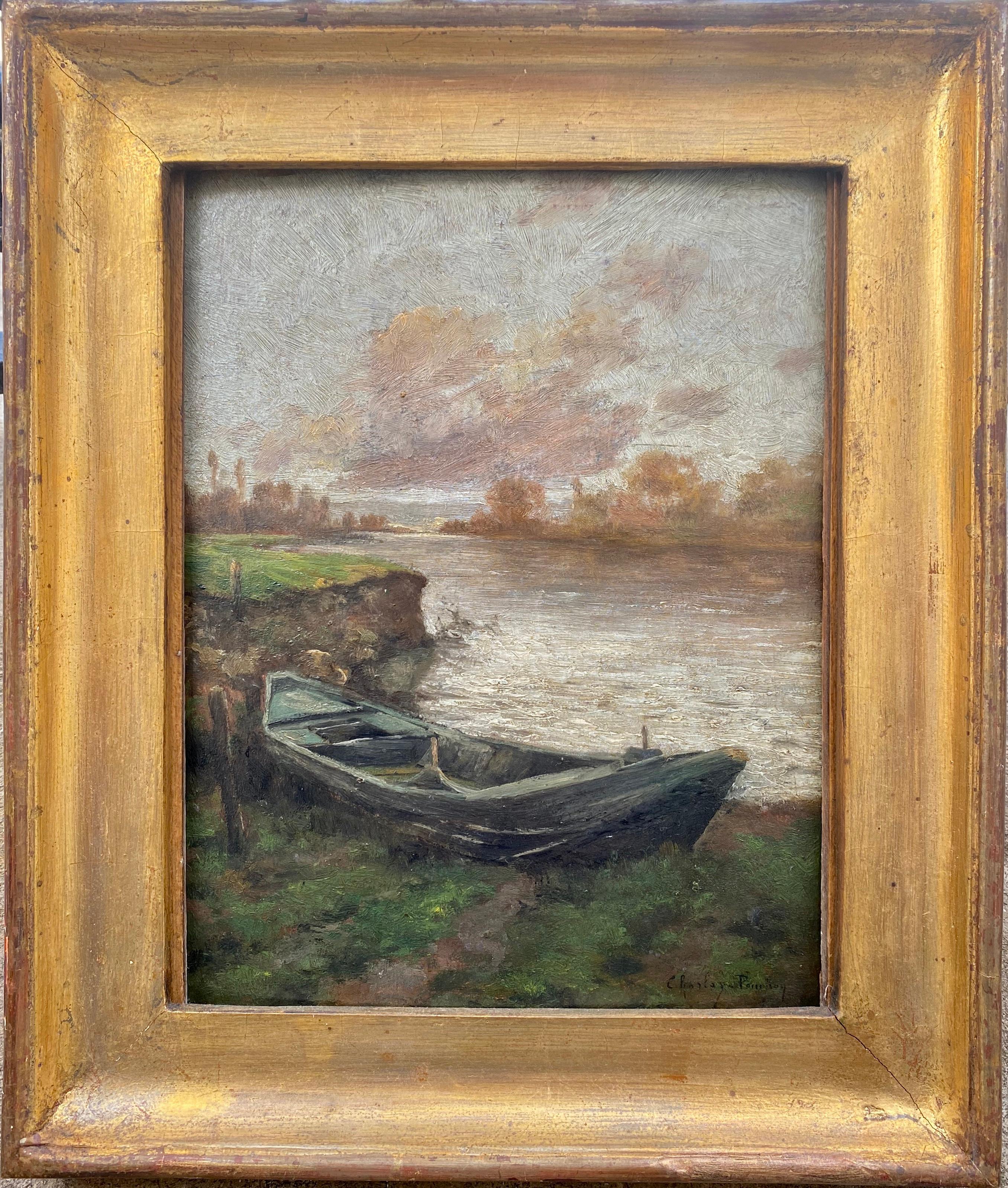 Figurative Painting de Charles Charlay-Pompon - Después de la tormenta, la canoa azul: escena fluvial impresionista plein air