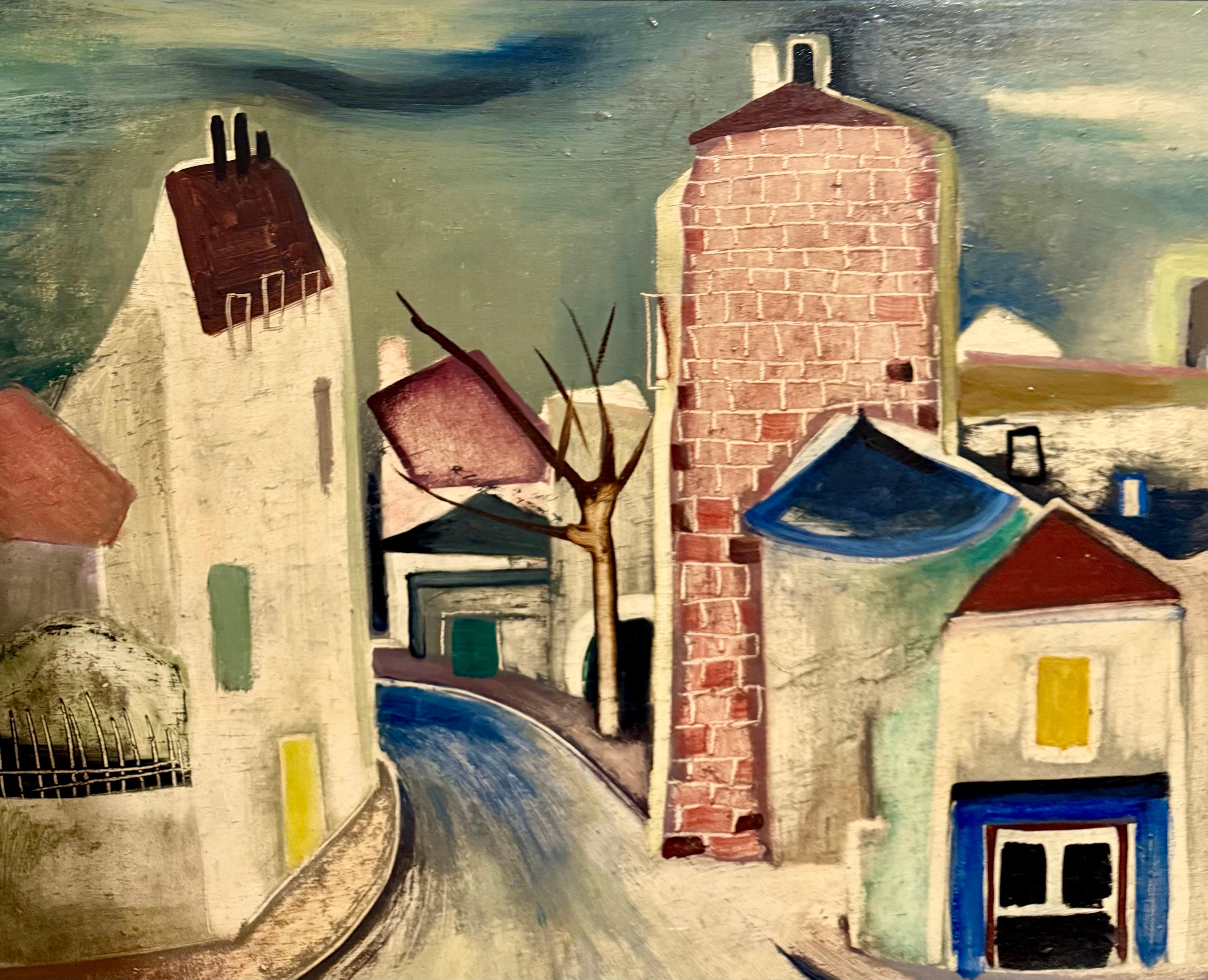 Charles Chartier 1951 Pintura al Óleo Cubista Modernista Francesa Surrealista Pueblo de París en venta 1