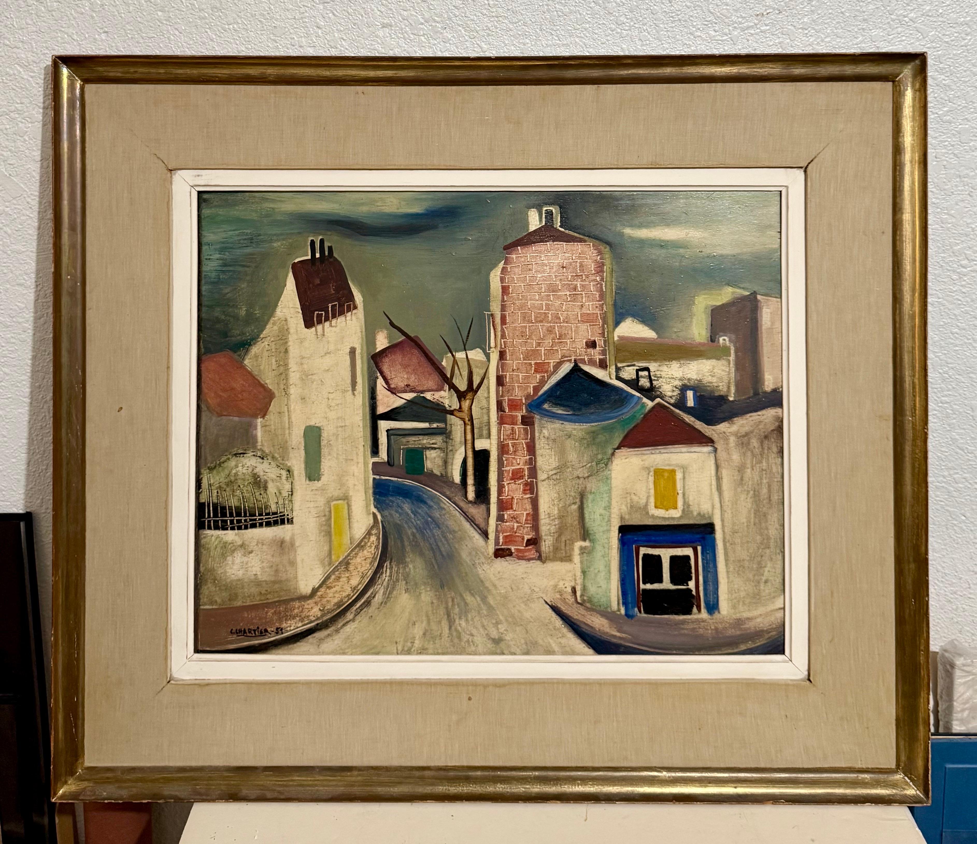 Charles Chartier 1951 Pintura al Óleo Cubista Modernista Francesa Surrealista Pueblo de París en venta 2