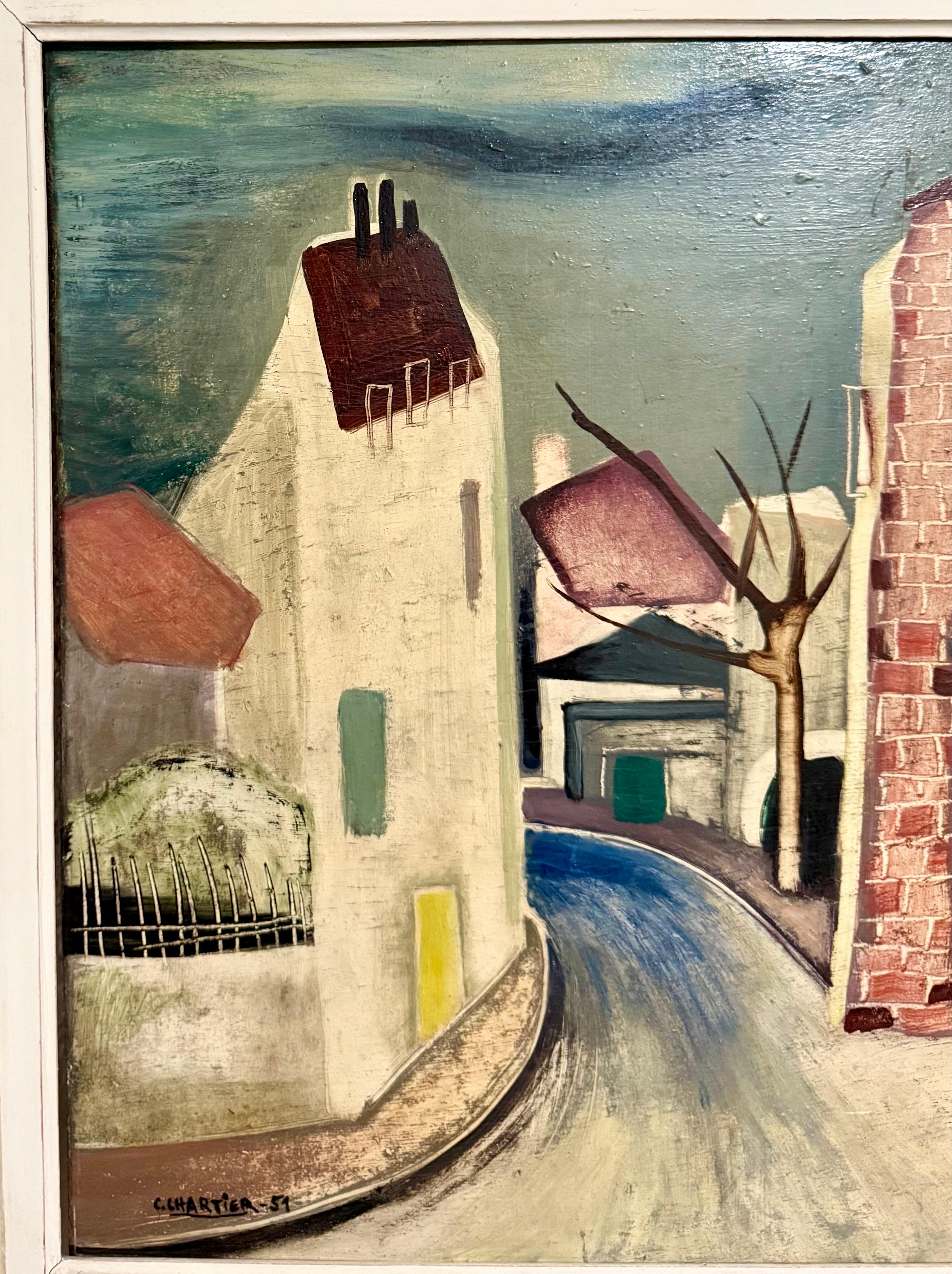 Charles Chartier 1951 Pintura al Óleo Cubista Modernista Francesa Surrealista Pueblo de París en venta 3