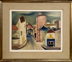 Charles Chartier, Französisches kubistisches modernistisches Ölgemälde, Surreales Pariser Dorf, 1951