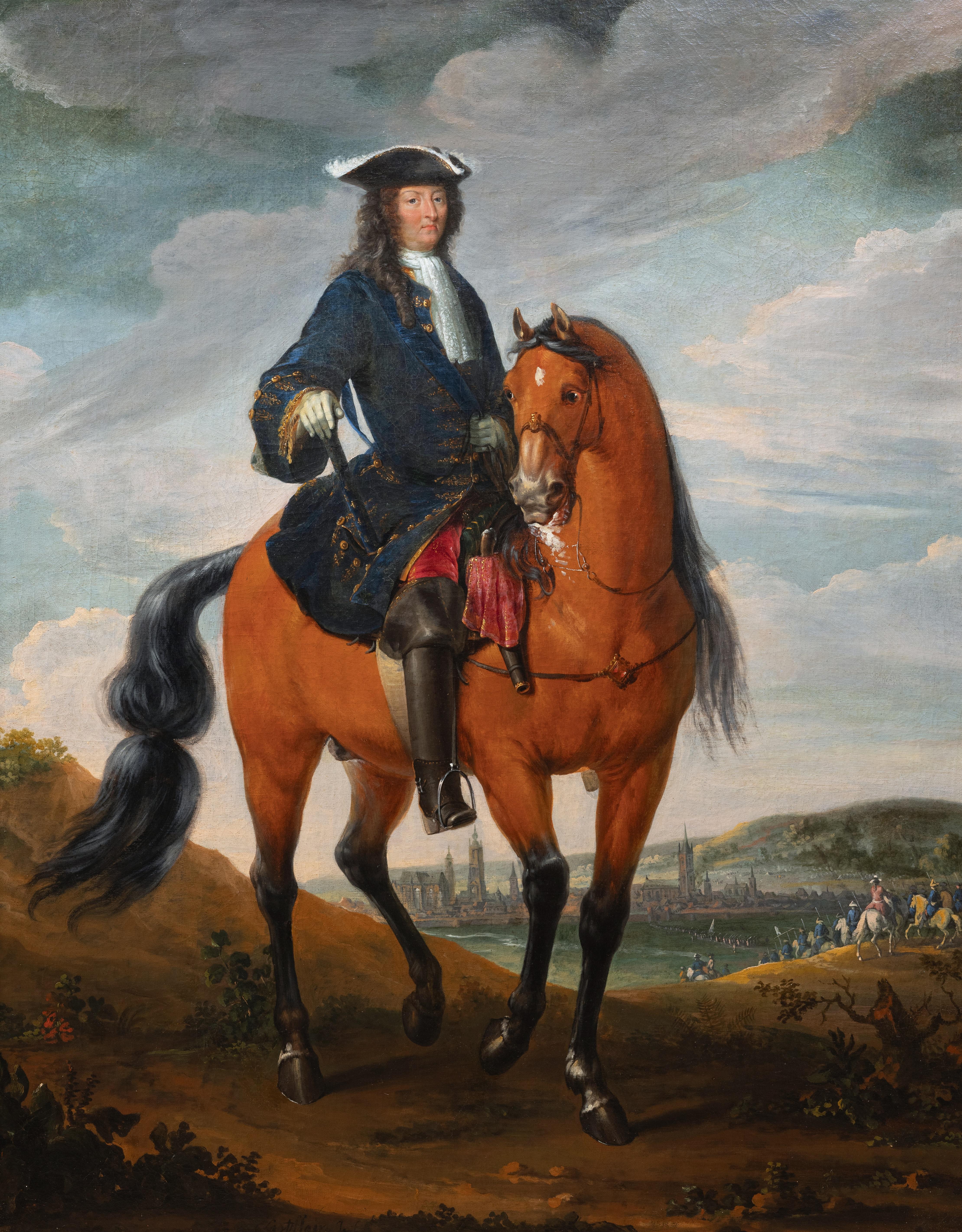 Louis XIV à cheval devant Mons, signé C.I.C., français, 18e C. - Painting de Charles Chastelain