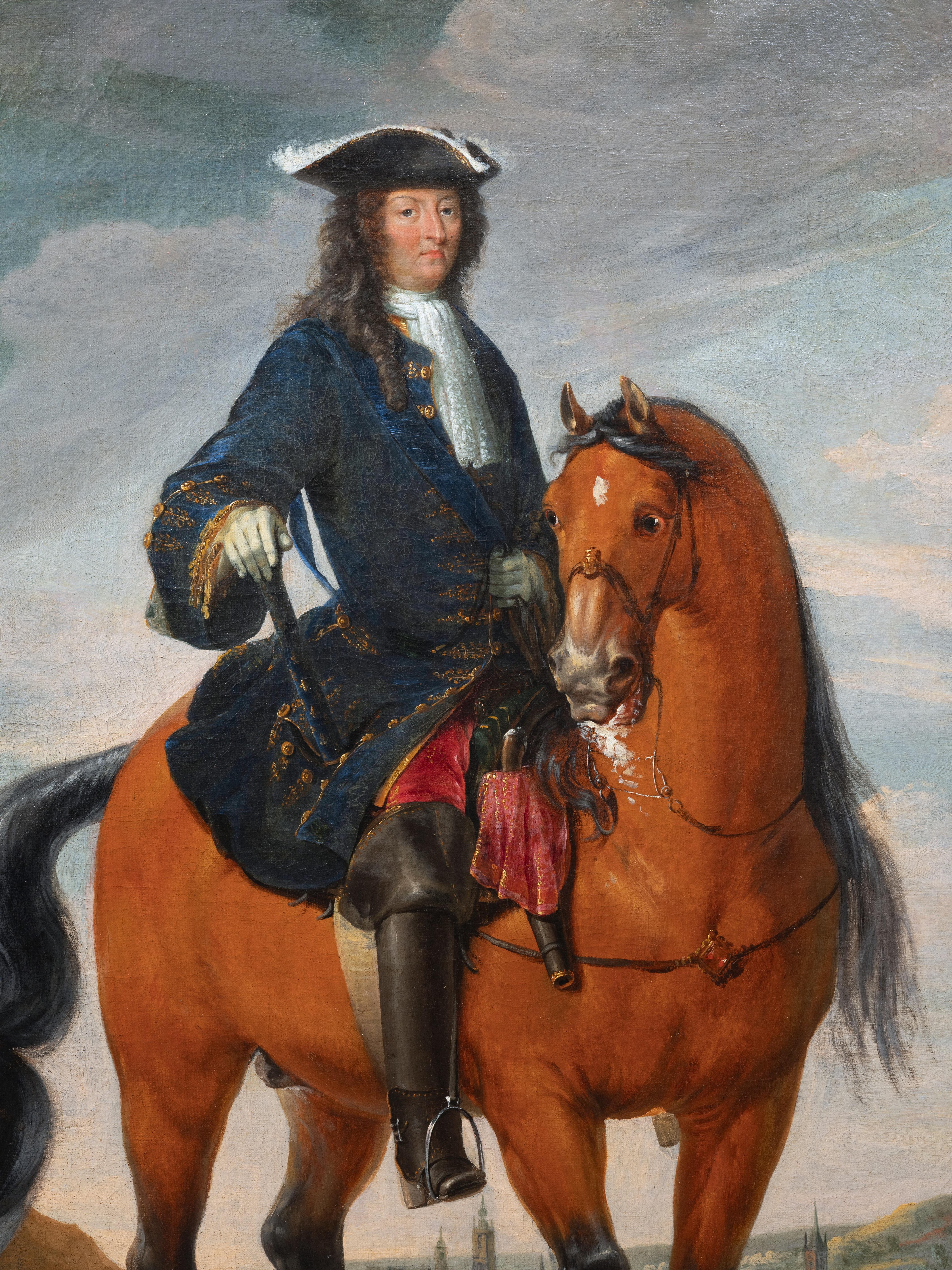 Louis XIV à cheval devant Mons, signé C.I.C., français, 18e C. - Marron Portrait Painting par Charles Chastelain