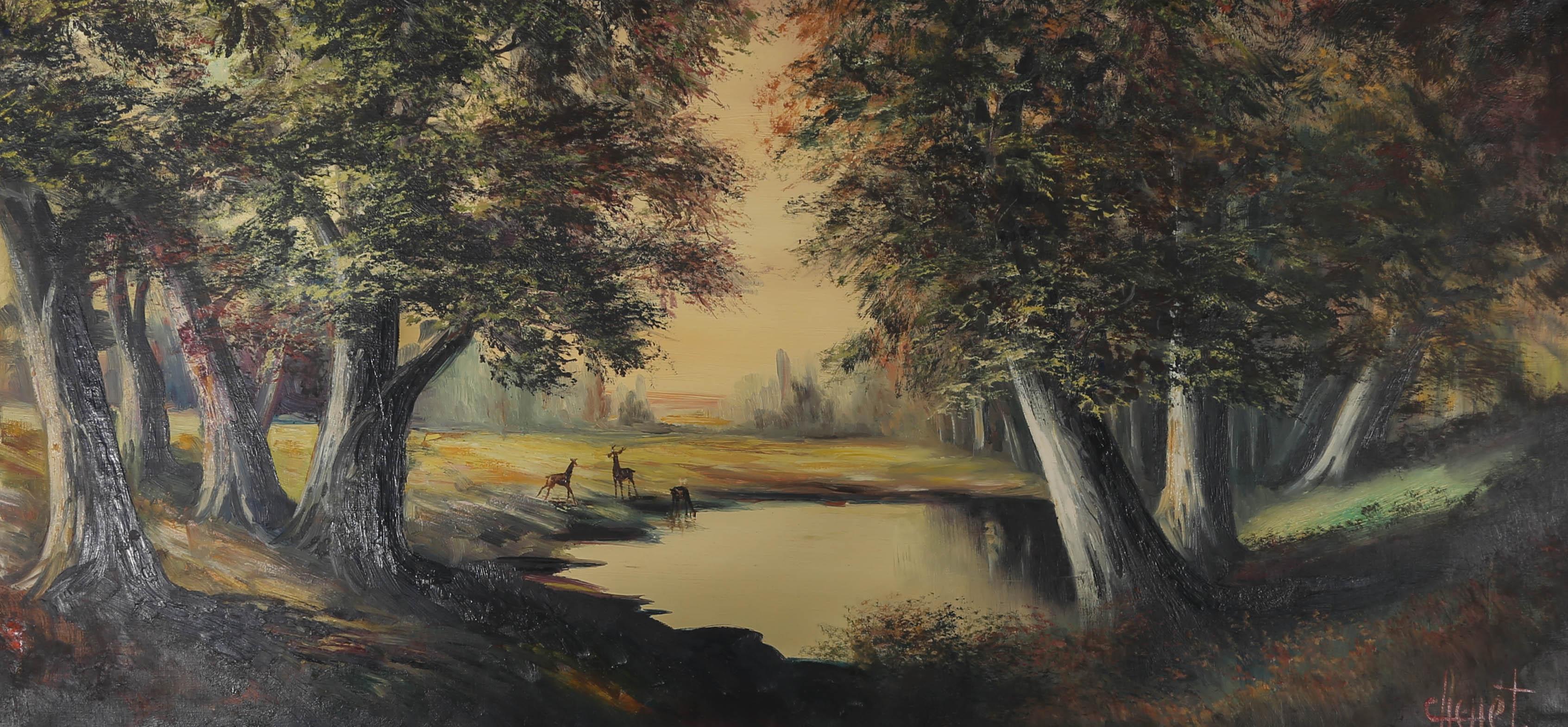 A colourful serene landscape of impressive size, showing a beautiful woodland clearing with deer drinking from a calm pool under a blushing sunset. The artist has signed to the lower right corner and the painting has been presented in a 20th Century