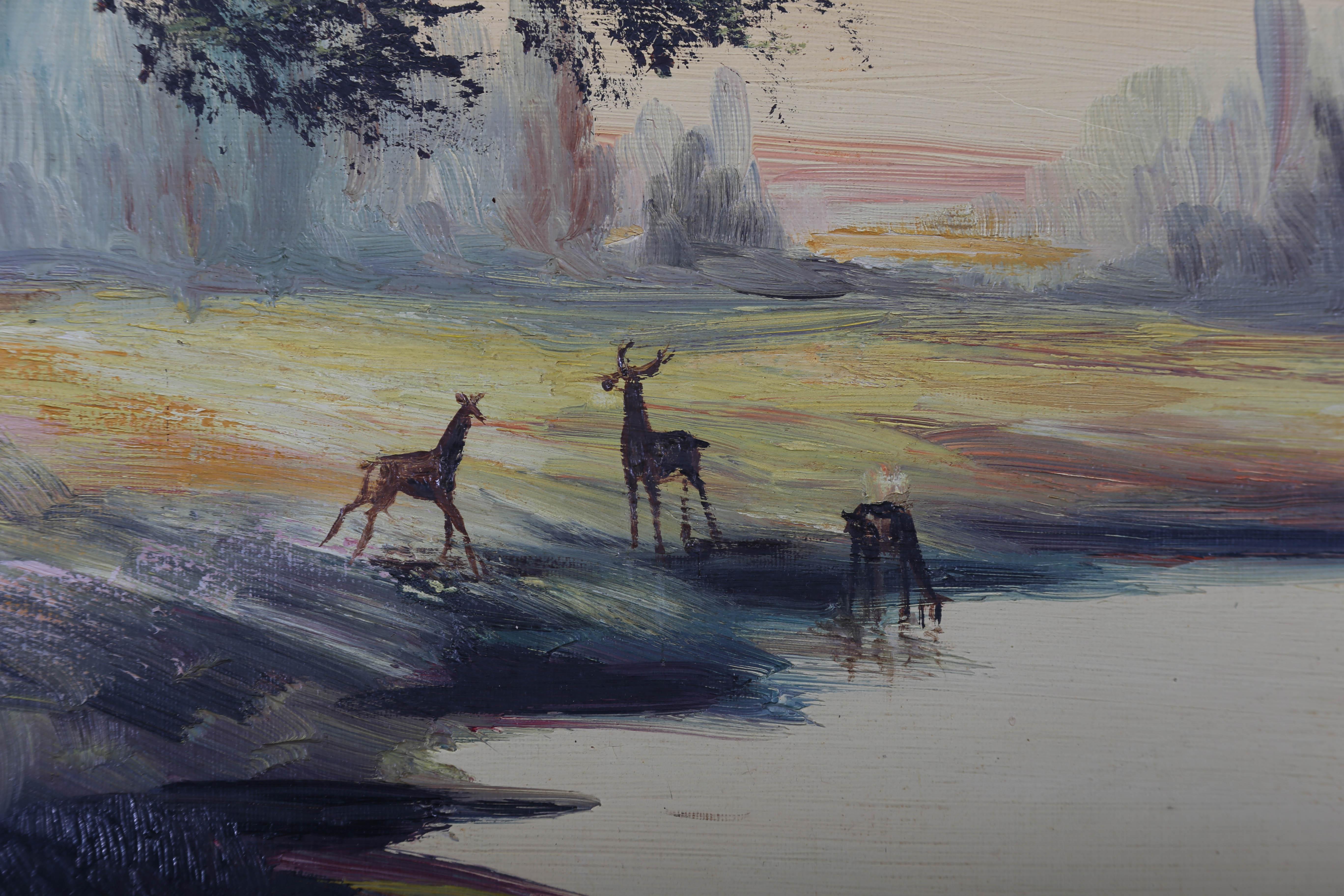 Charles Chenet - 20th Century Oil, Deer At Sunset 3