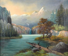 Romantic Mountain Landscape with Waterfall - Turn of the Century Oil Painting