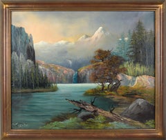 Romantic Mountain Landscape with Waterfall - Turn of the Century Oil Painting