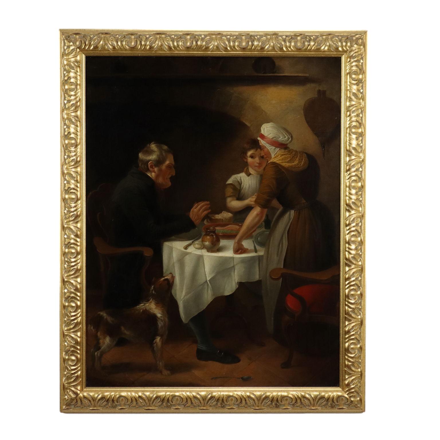 Oil on Canvas. Signed and dated to the lower left.
A genre scene in popular taste, it portrays a middle-class family about to have lunch: the father, already seated at the table, is about to bless the meal, while his wife and son, standing, follow