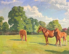 Chestnut Horses Grazing in the Green Summer Meadow Fine English Oil Painting