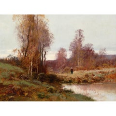 Autumnal River Landscape, 19th-Century French Oil Painting